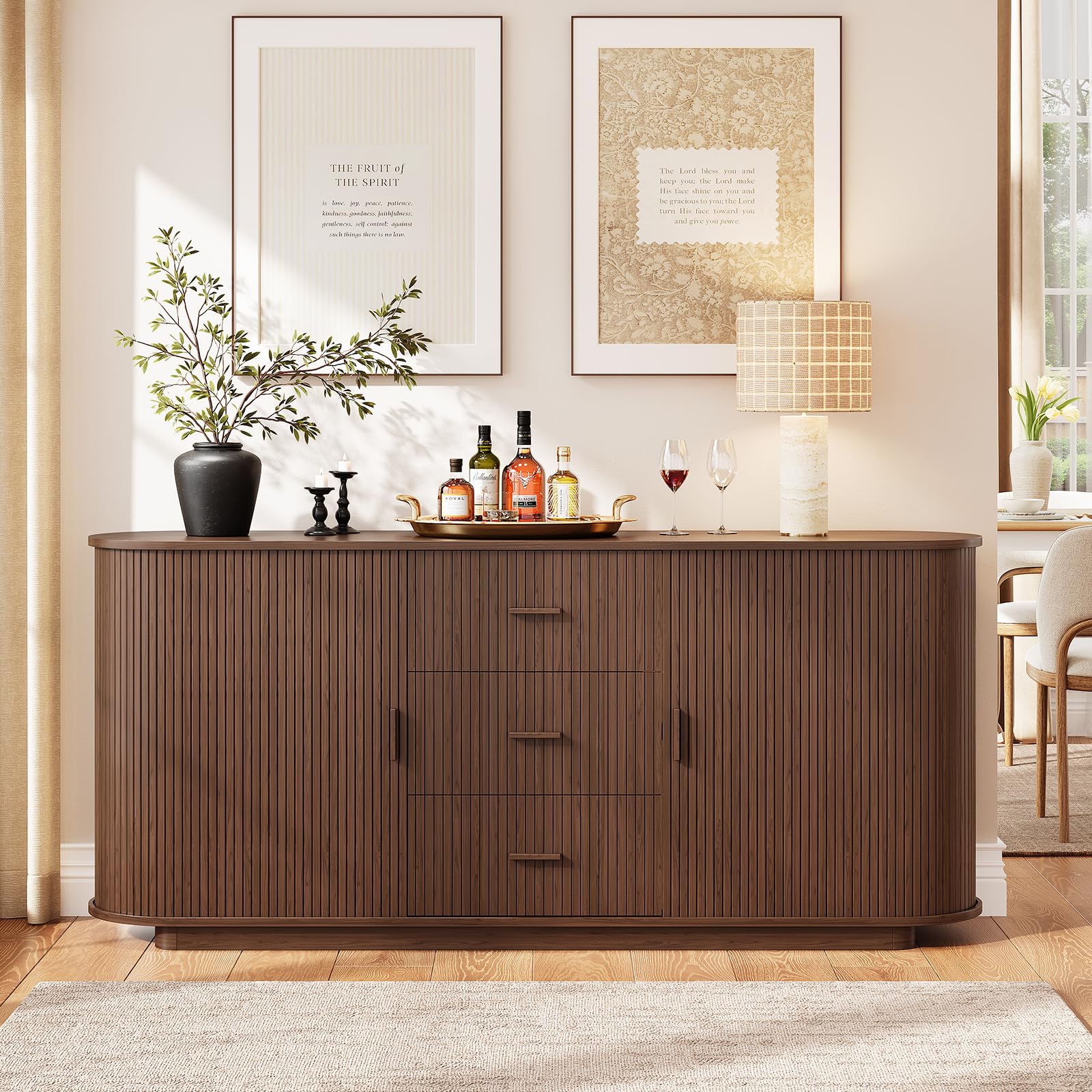 63" Fluted Sideboard Buffet Cabinet with 3 Drawers & 2 Sliding Doors