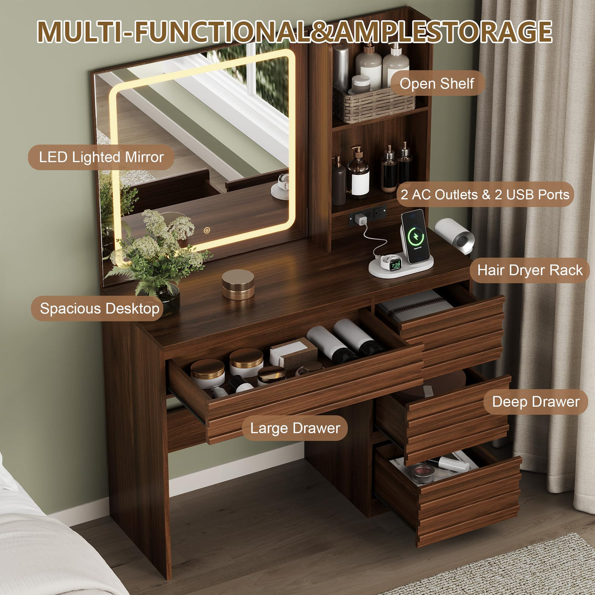 jmhdyg Makeup Vanity Desk with Lights, Fluted Vanity with 4 Drawers, Open Shelves, Power Outlet, LED Lighted Mirror, 3 Lighting Modes & Brightness Adjustable, Wood Dressing Table for Bedroom,Walnut