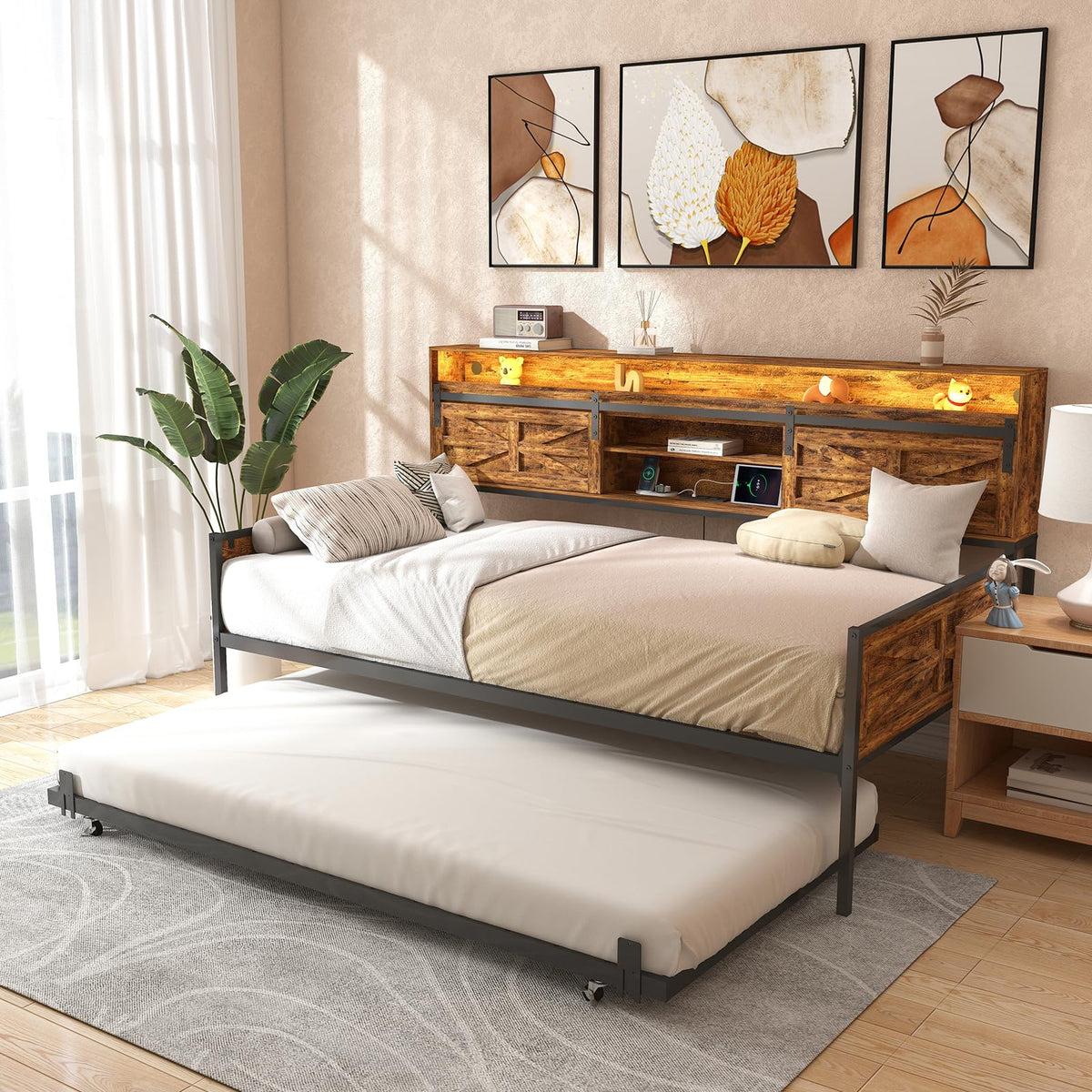 Zevemomo Twin Daybed with Trundle Bed, Rustic Farmhouse Daybed Frame