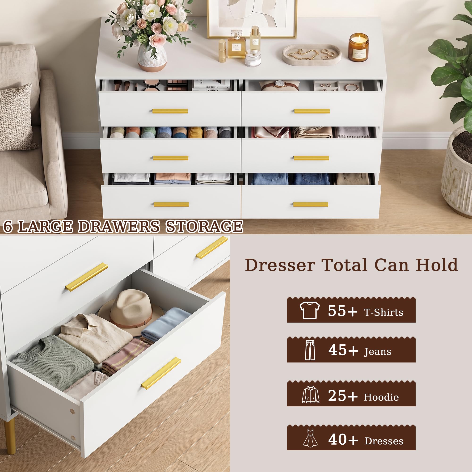 CARPETNAL White Dresser for Bedroom, 6 Drawer Dresser with Wide Drawers and Gold Metal Handles, 47” Wood Dressers & Chests of Drawers for Hallway, Entryway.