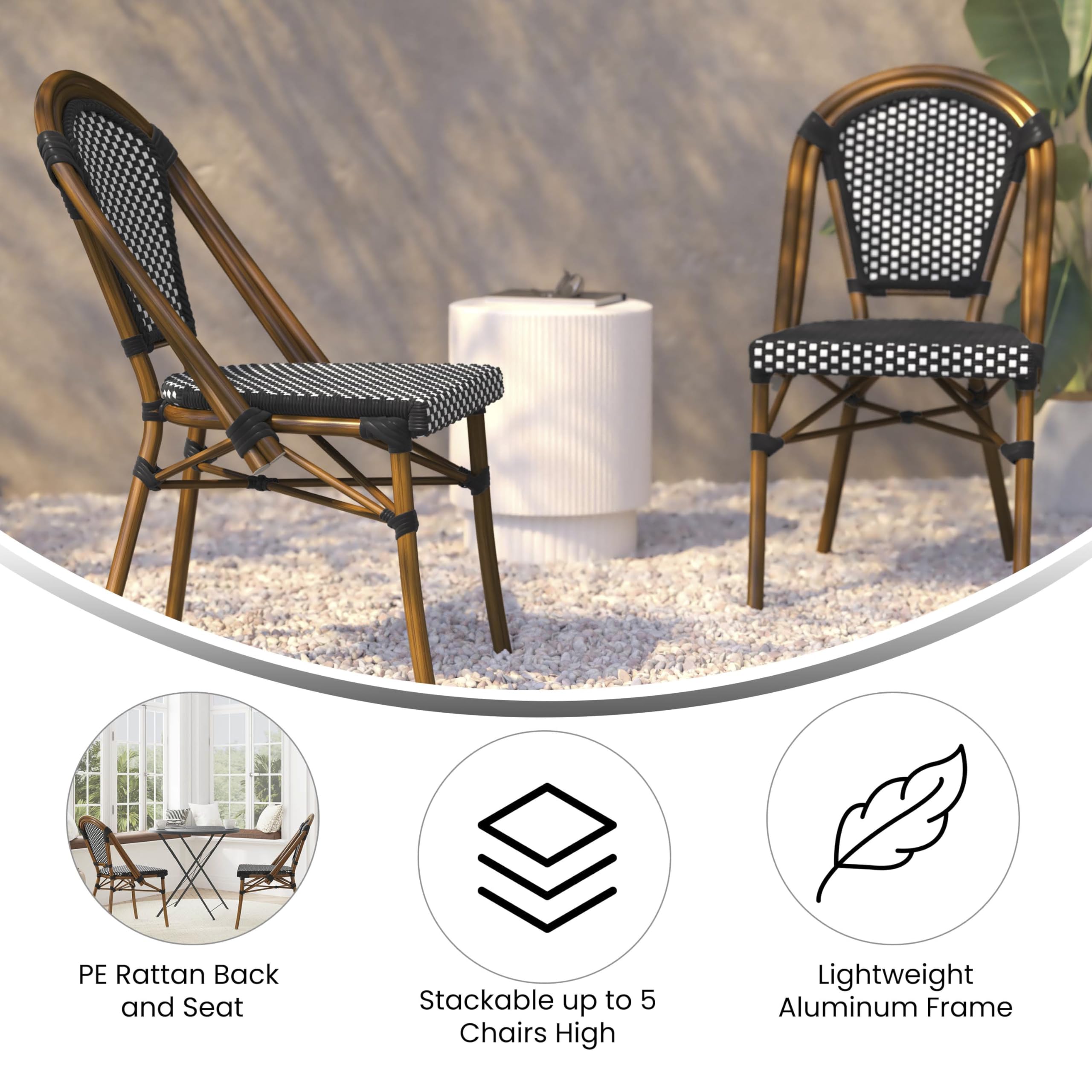 French Bistro Chairs with PE Rattan Seat & Back, Bamboo Finish Frame, Set of 2