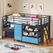Kids Twin Low Loft Bed with Desk, Storage & LED Play Tent
