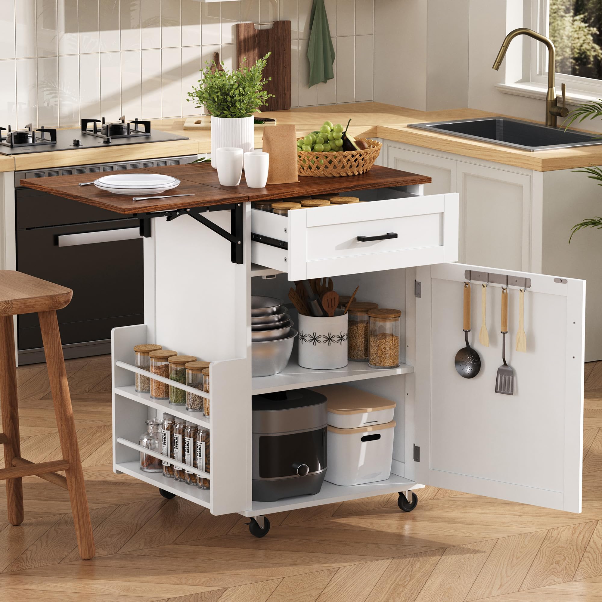 Seeheool K&K 39.3" Farmhouse Kitchen Island with Drop Leaf, Kitchen Storage Island with Open Side Rack, One Drawer, Towel Rack, Rolling Kitchen Cart with Lockable Wheels for Lawn Garden, White
