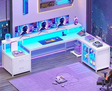 SEDETA L Shaped Gaming Desk, 78.7” Large Computer Desk with Drawers and Power Outlet & LED Light, Corner Gaming Desk with Storage Shelves, Display Cabinet for Home Office, Black