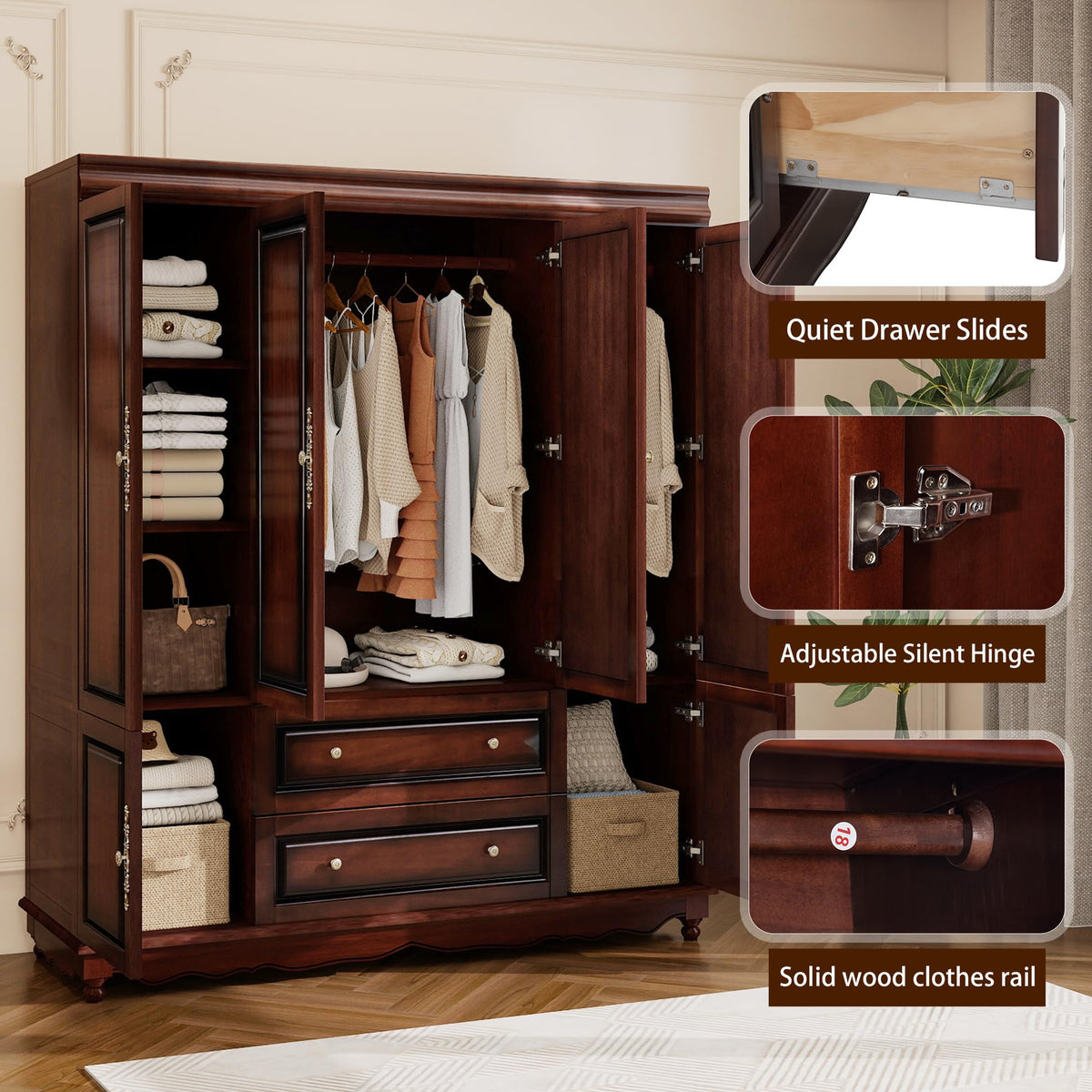 TemkTuek Solid Wood Armoire Wardrobe Closet, Cherry Finish Bedroom Storage