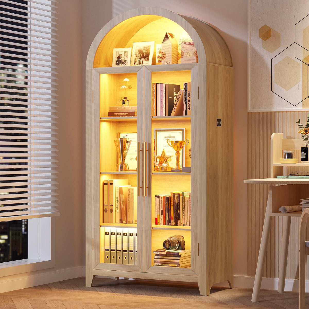 Vlsrka 71" Arched Storage Cabinet with Glass Doors and LED Lights, Wood