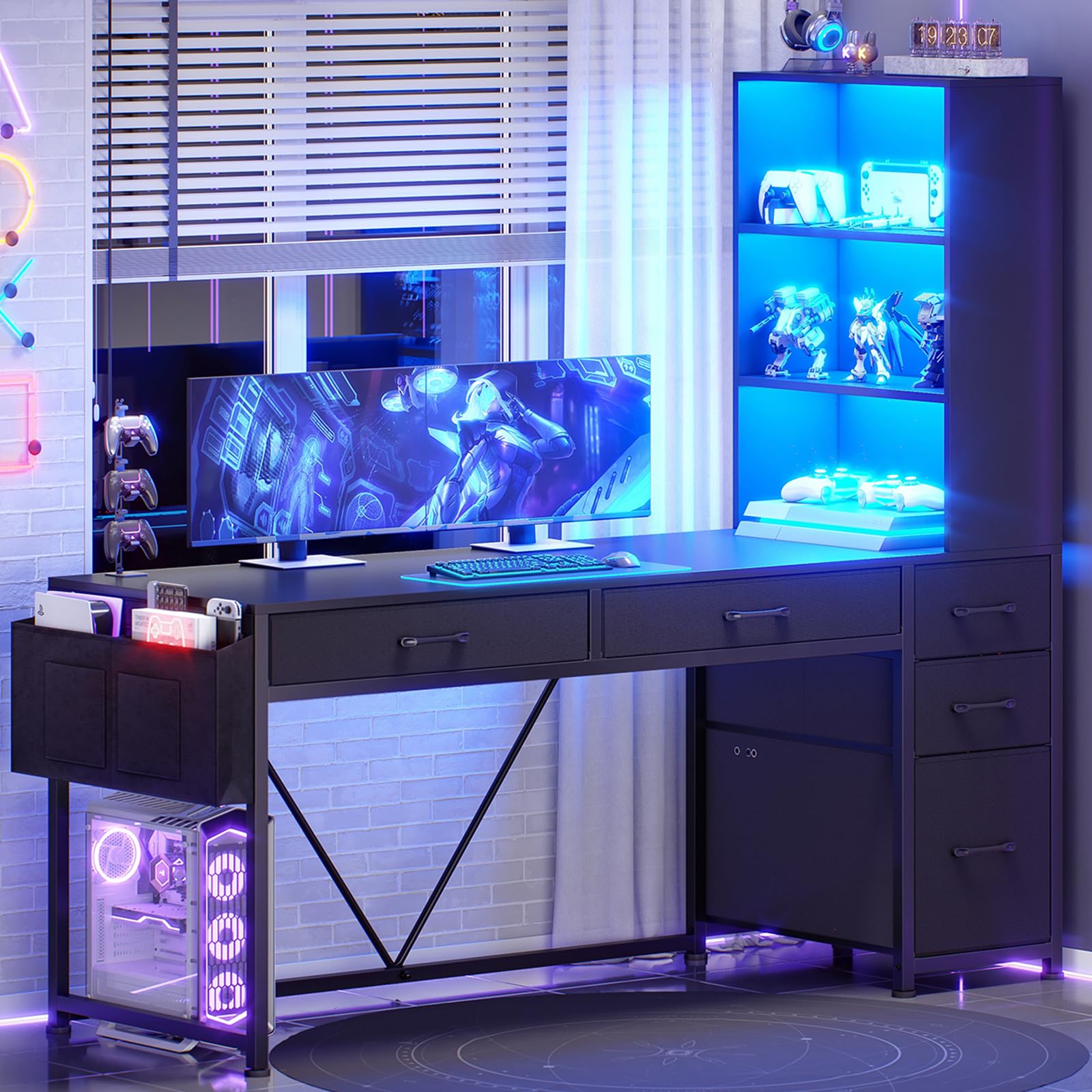 Reversible Gaming & Home Office Desk with Drawers, Bookshelf & RGB LED Lights