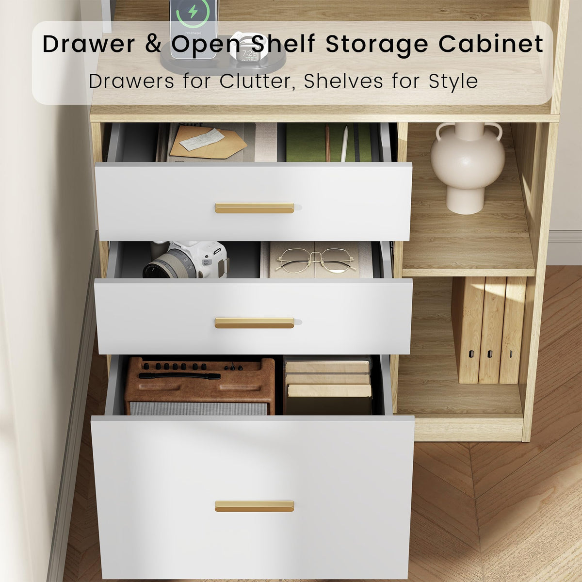 Corner Bookshelf with Drawers & Charging Ports