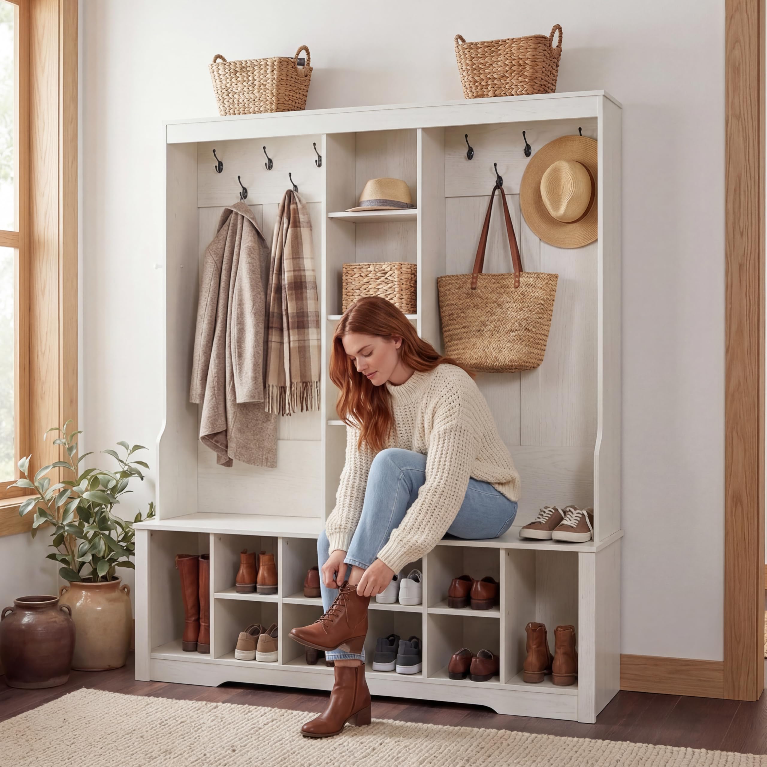 CasaGlajore 59” Hall Tree with Bench and Shoe Storage, Entryway Coat Rack with 10 Hooks & Open Shelves, Space Saving Hall Tree with 10 Shoe Cubbies for Hallway, Mudroom, Living Room