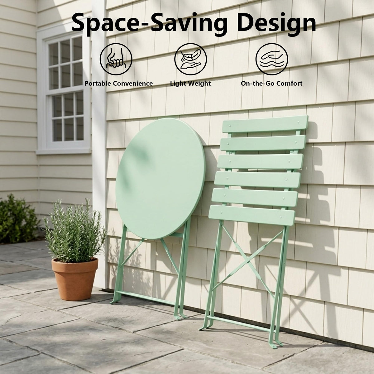 Bistro Table and Chairs Set of 2, 3 Piece Folding Patio Bistro Set, Weather-Resistant Steel Frame, No Assembly Needed, Indoor & Outdoor Patio Furniture Set for Garden, Yard, Balcony, Green