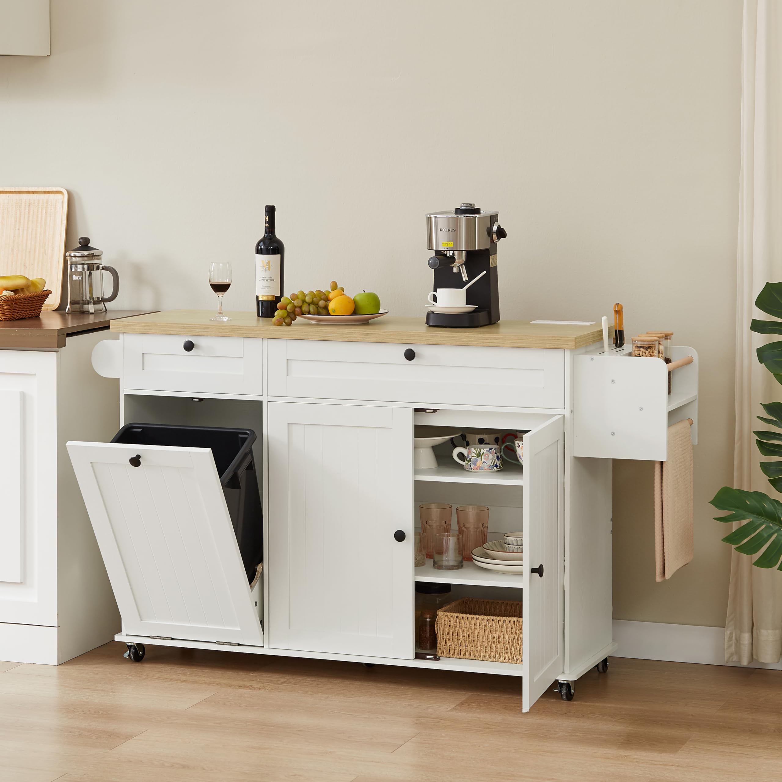 60" Rolling Kitchen Island with Power Outlet & Drop Leaf