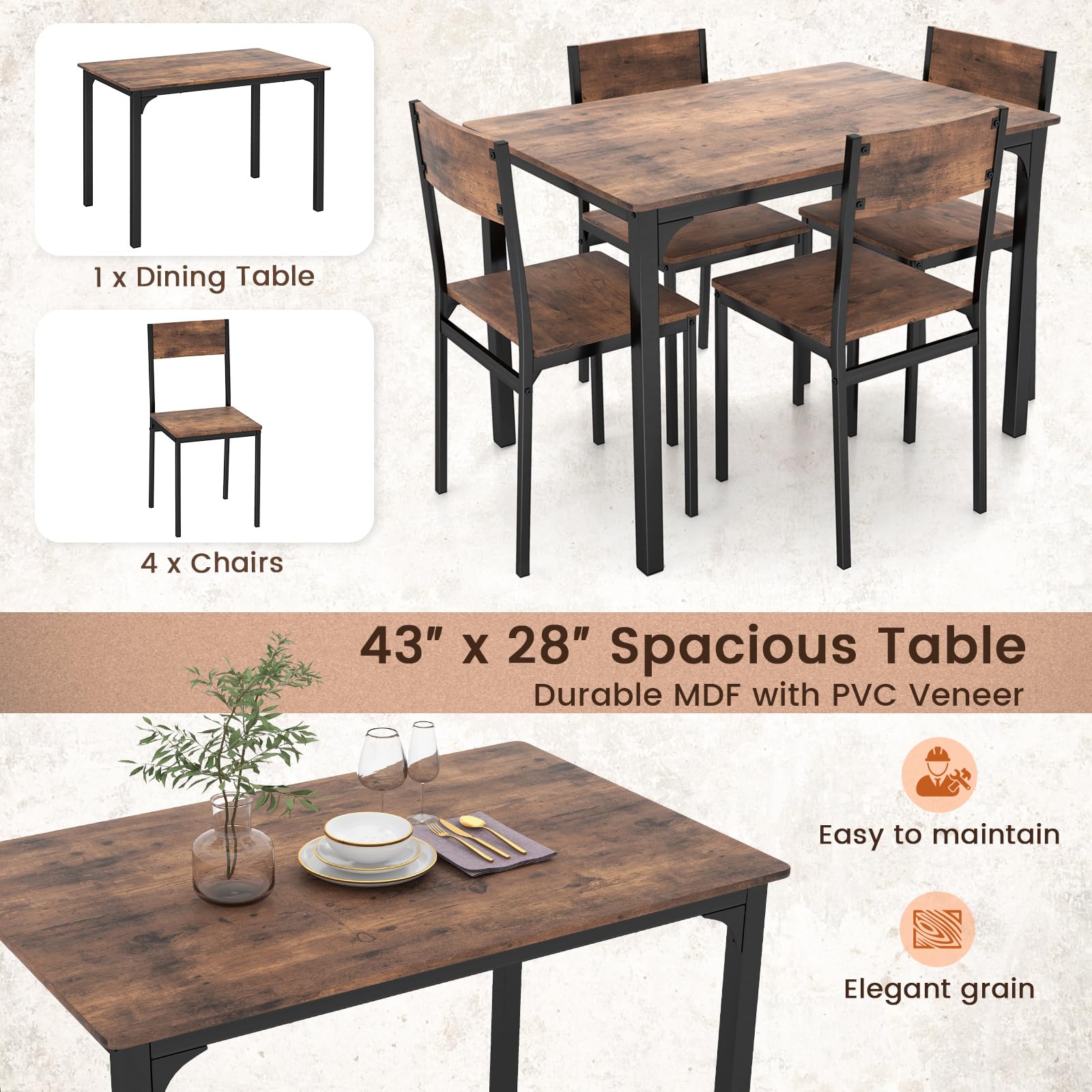 5-Piece Dining Table Set with 4 Chairs