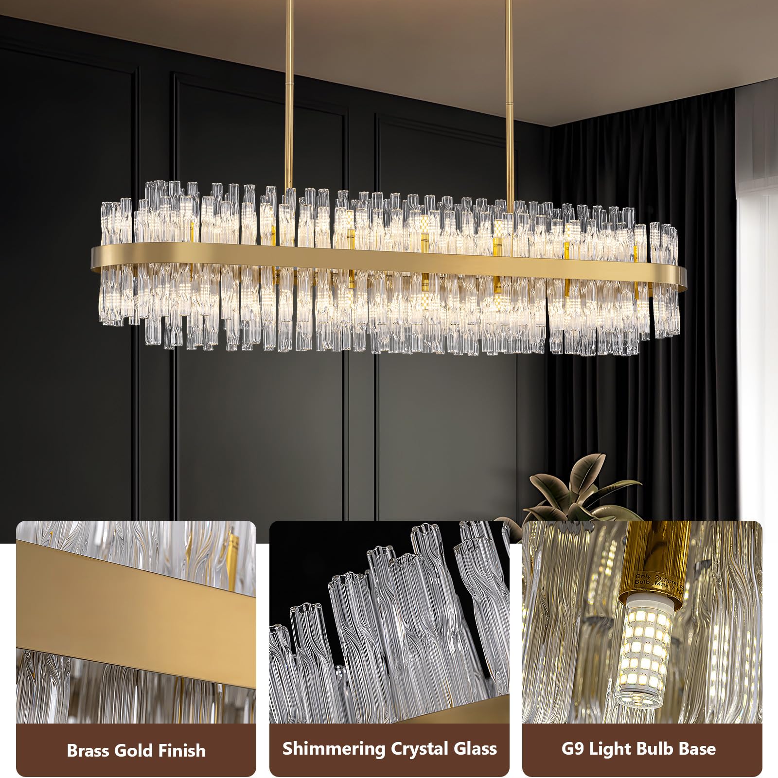 WECHAET 28-Light Modern Gold Rectangle Chandeliers for Dining Room Kitchen Island Light Fixture, 2 Tiers Wave Crystal Glass Chandelier for Living Room, L45.7''