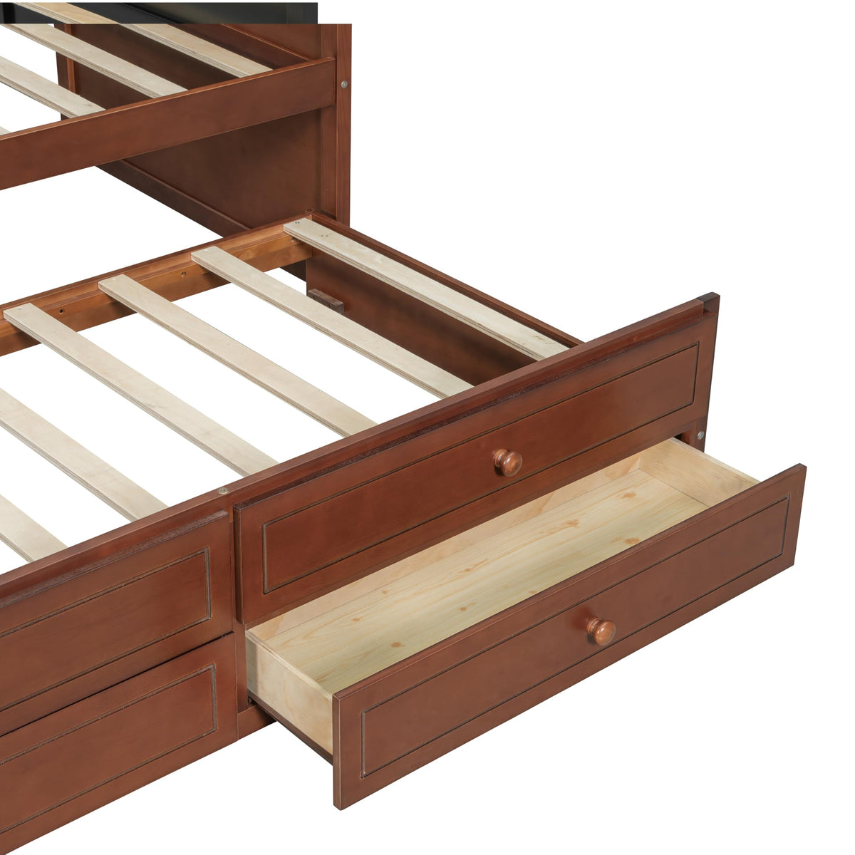 Twin Size Corner Bed Frame with Storage Drawers and Trundle, Walnut