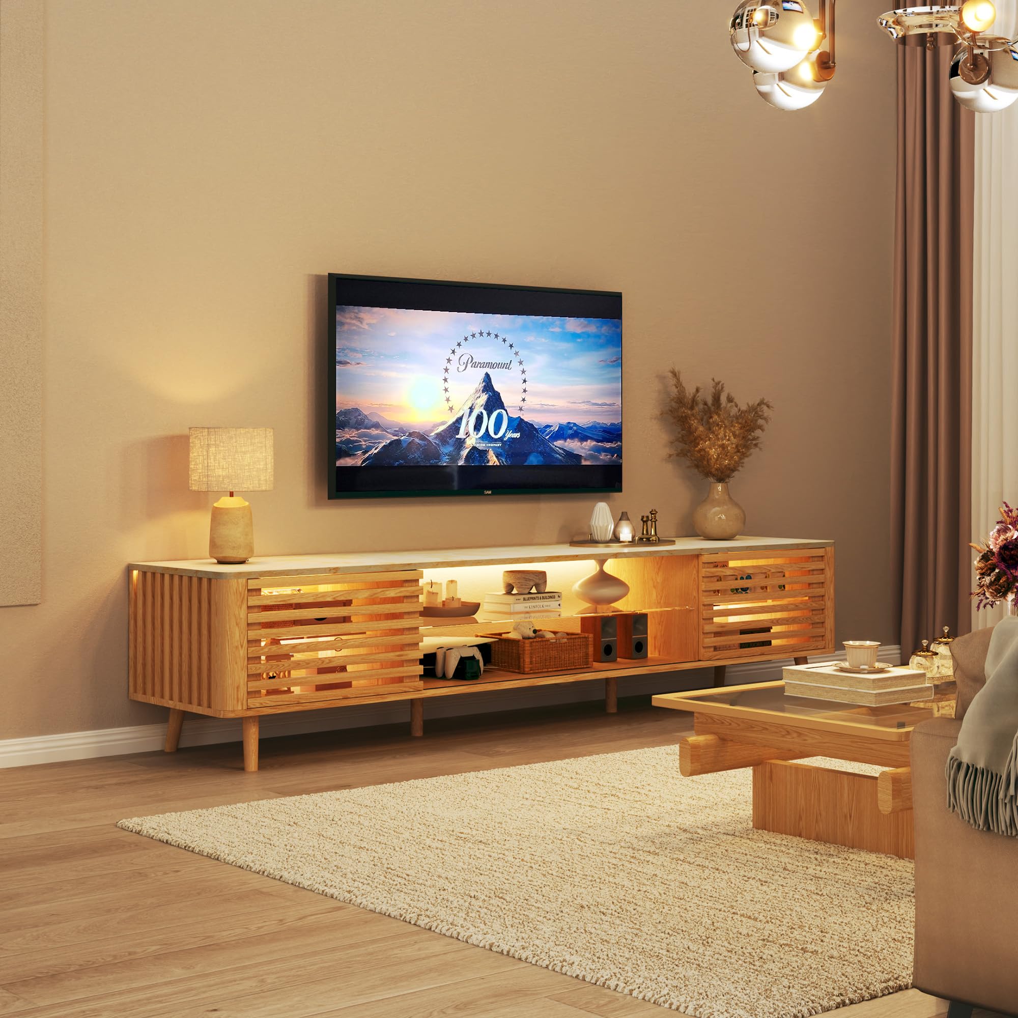HUAHUU 70" TV Stand for 55/65/75 Inch TV, Faux Marble Top Entertainment Center with Slatied Sliding Door & LED Lights, Mid Century Modern Style, Low TV Console with Glass Shelves for Bedroom