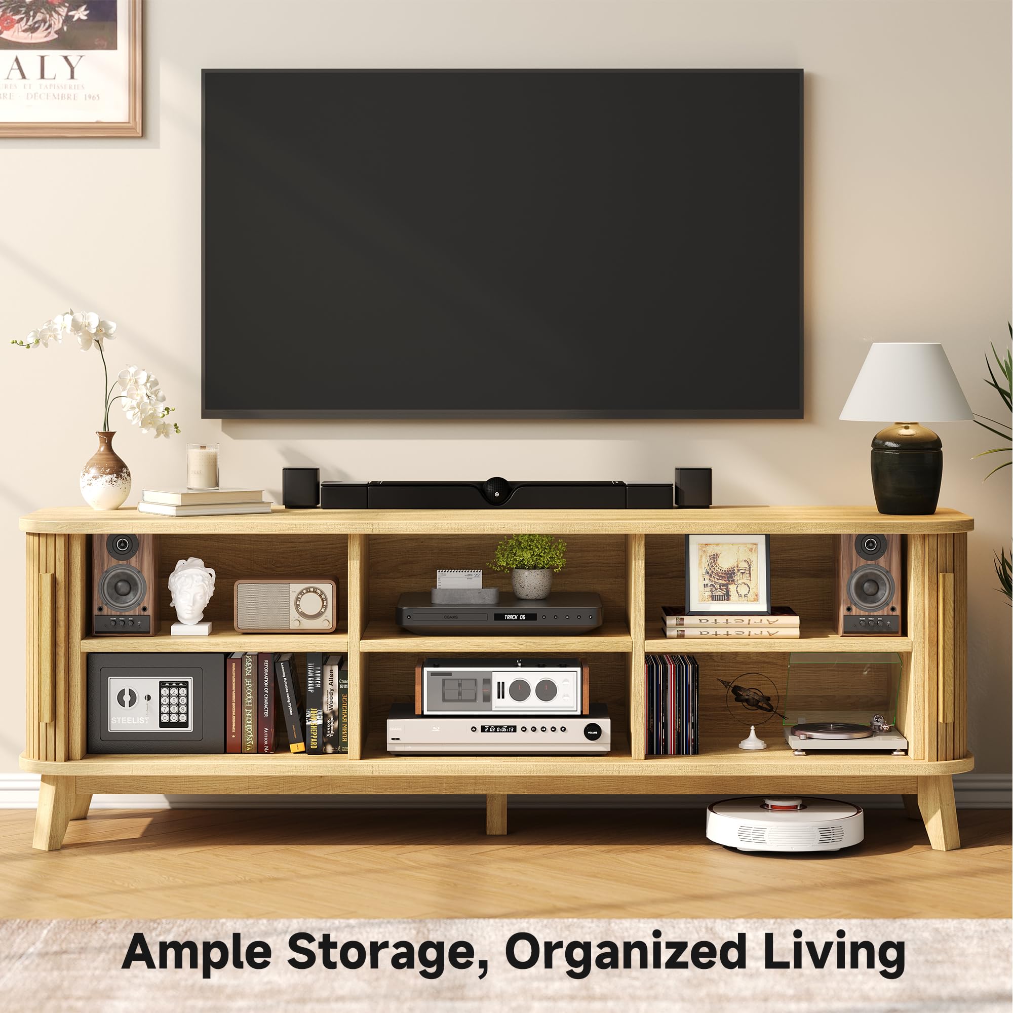 66" Mid-Century Modern TV Stand with Sliding Doors