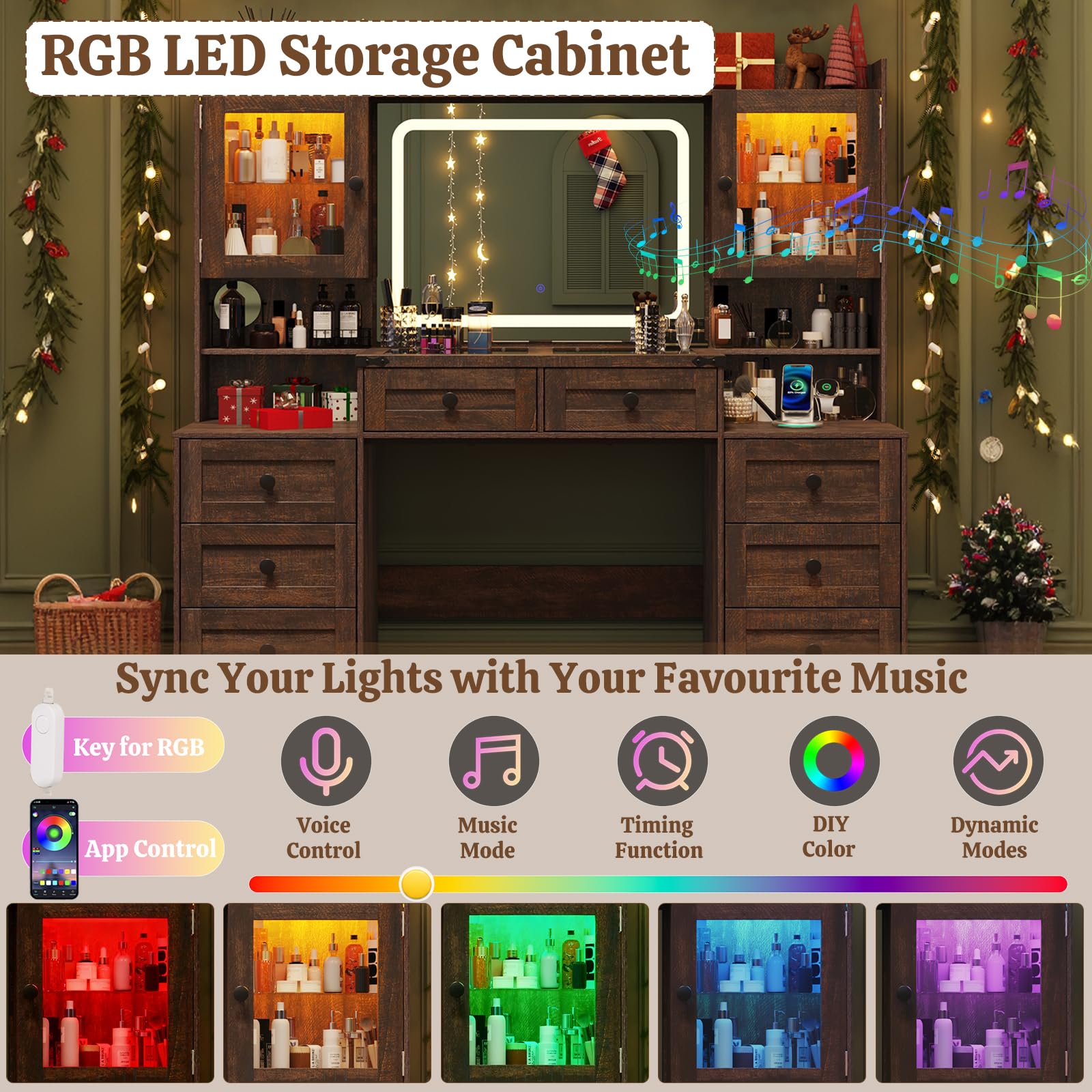 jiteentarou 60" Large Farmhouse Vanity Desk with LED Mirror, Lights and Charging Station, Glass Top Makeup Vanity Table w/8 Drawers, LED Glass Storage Cabinet, Dressing Table for Bedroom, Rustic Brown