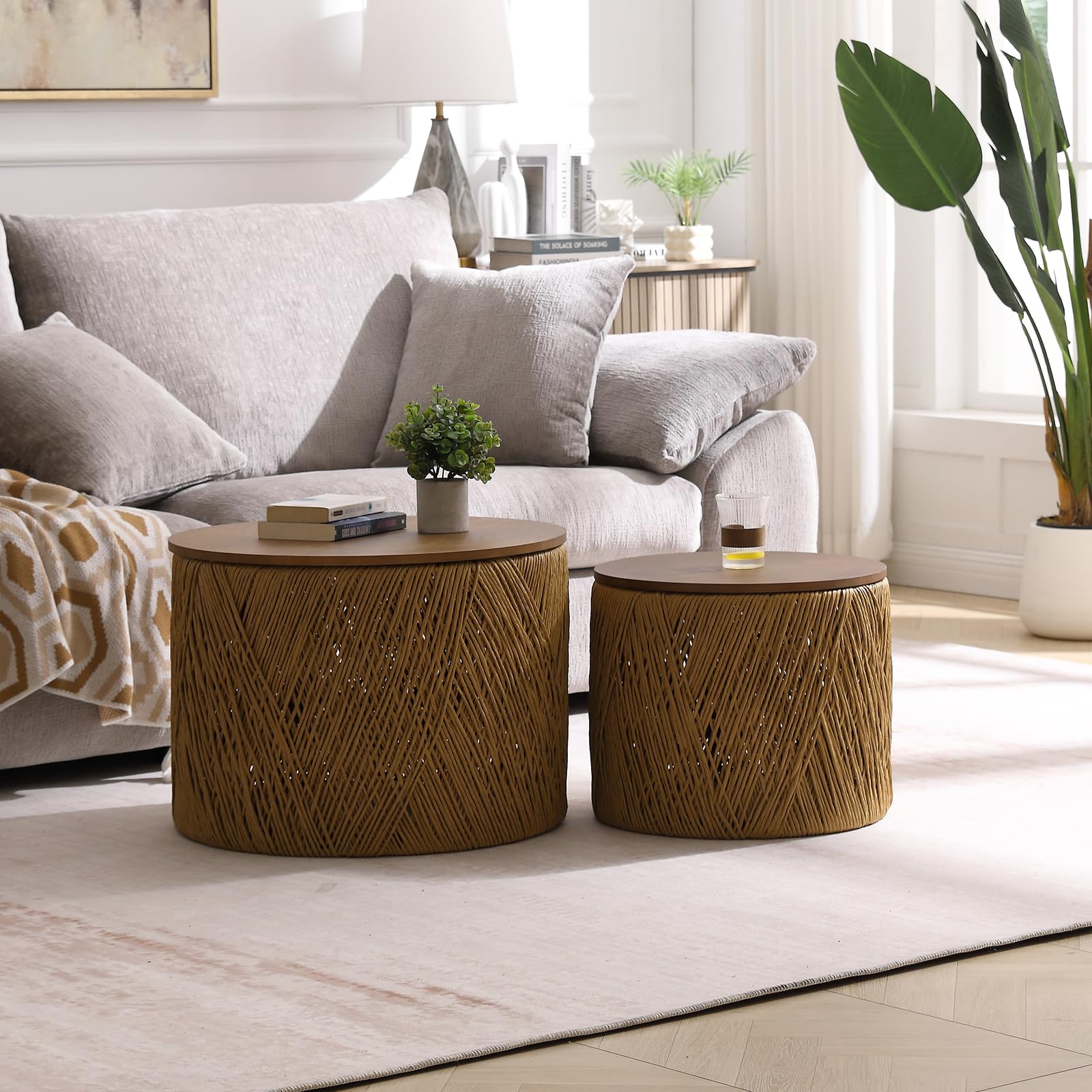 Round Nesting Coffee Table Set with Rattan Storage