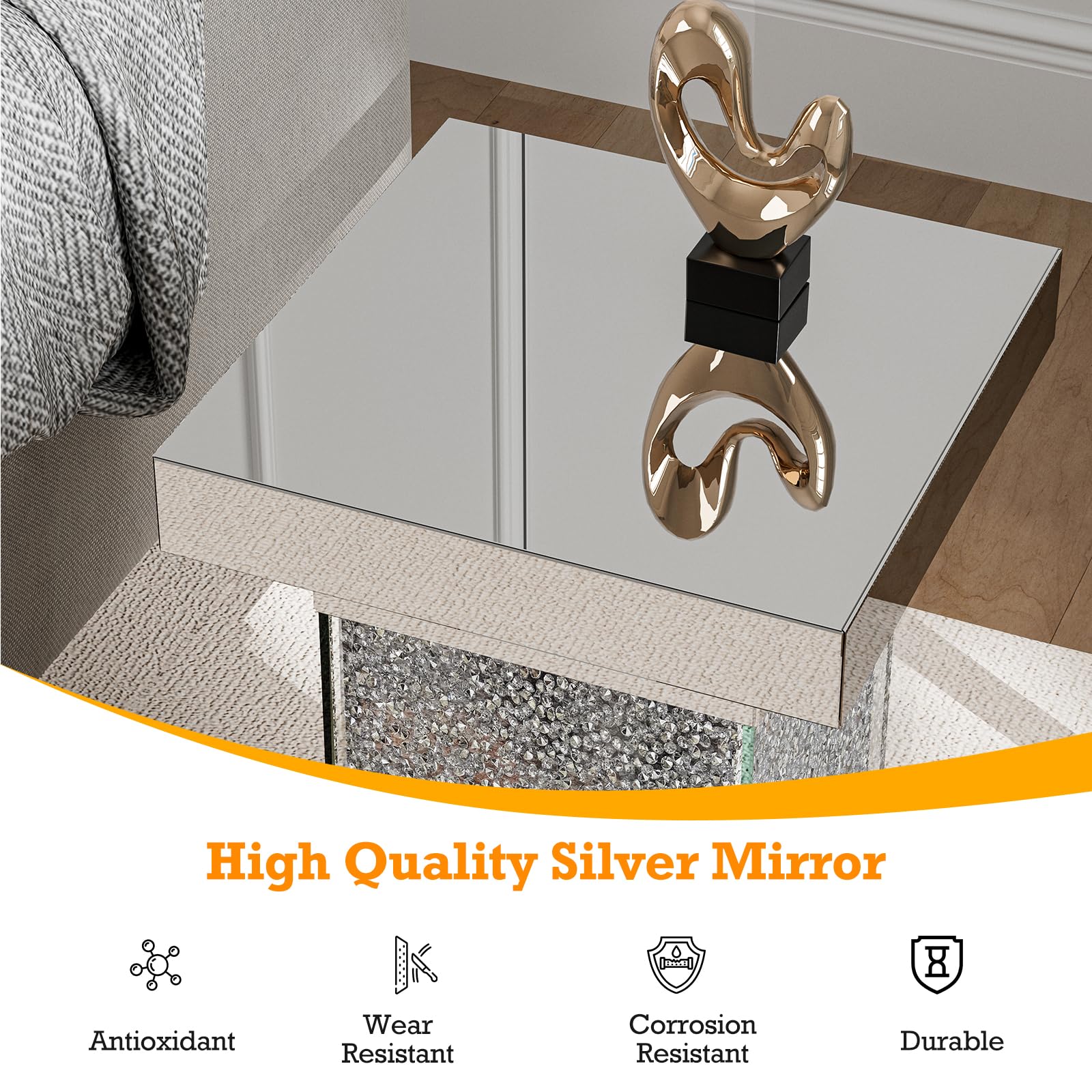 KZNGK Mirrored End Table Nightstand with LED Light, Modern LED Side Table with Crystal Diamond Inlay, Remote Control, 8 Colors Changing Light