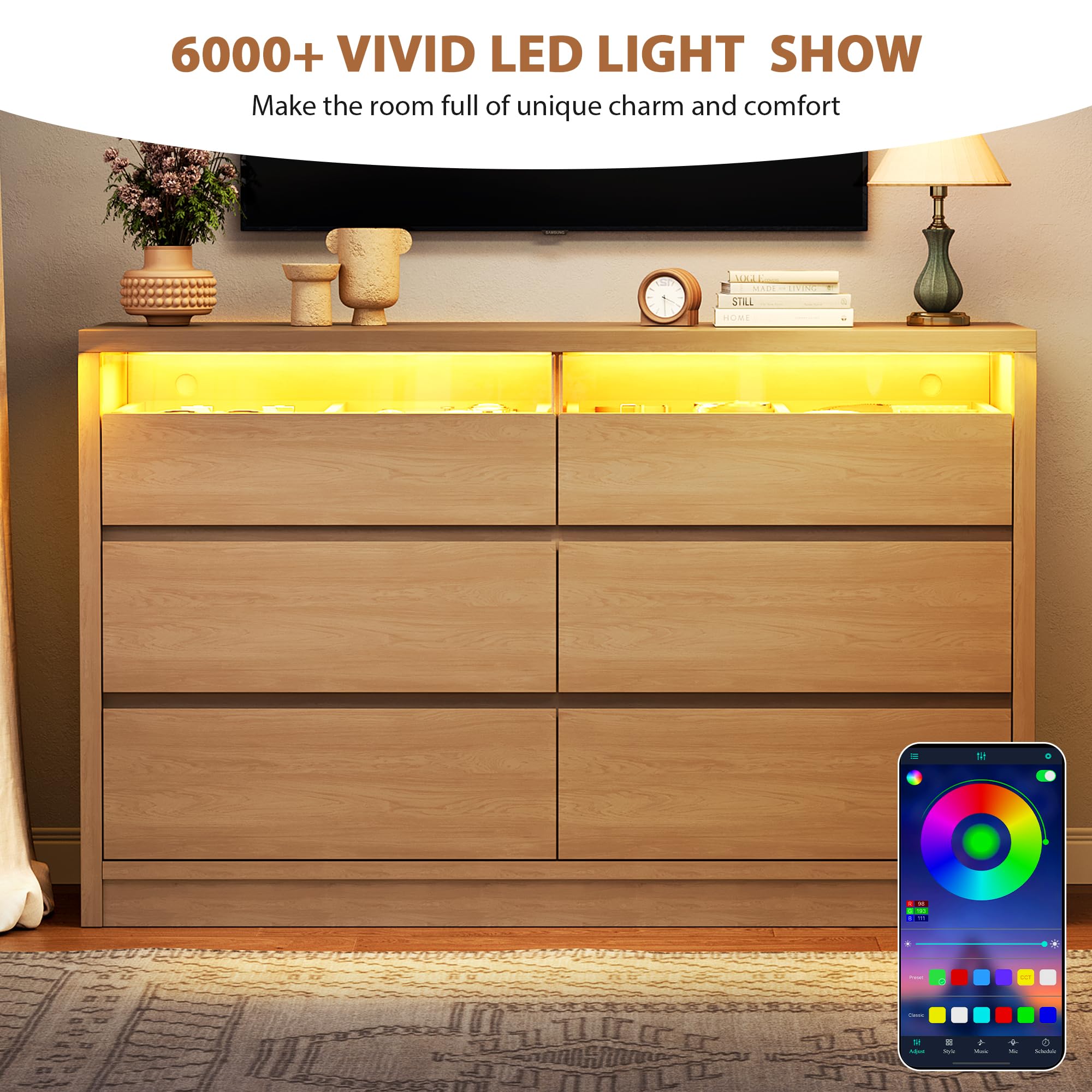 6-Drawer Dresser with RGB LED Light & Hidden Handles