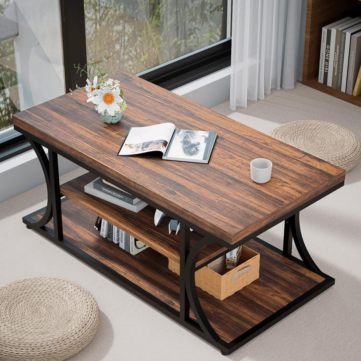 FUXJUM Coffee Table with Storage, 3-Tier Farmhouse Living Room Table