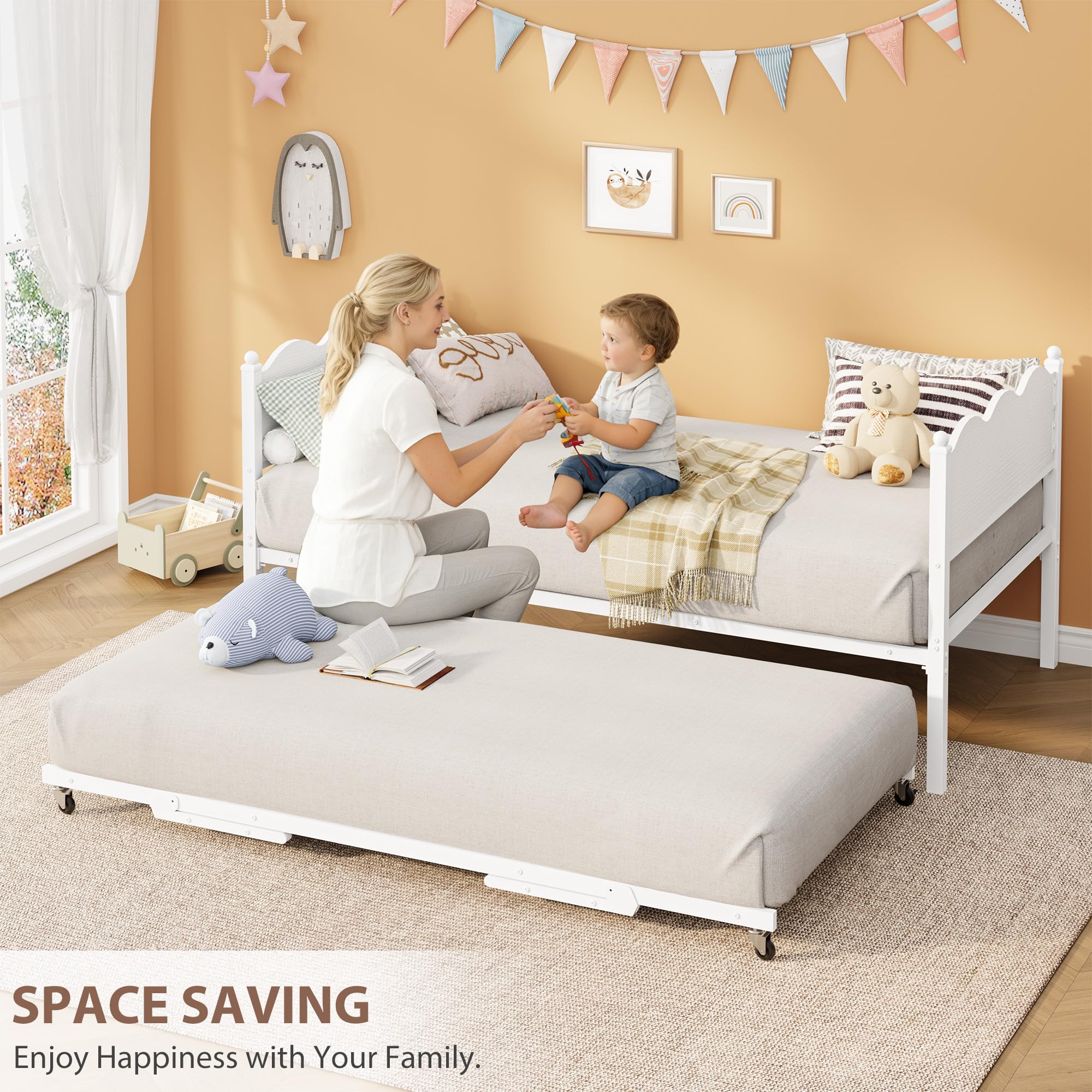 Garvee Twin Daybed with Trundle, Day Bed with Industrial Wood Grain Headboard, Steel Slats Support & Lockable Casters, Space-Saving & Multifunctional, Easy Assembly for Living Room, Bedroom, White