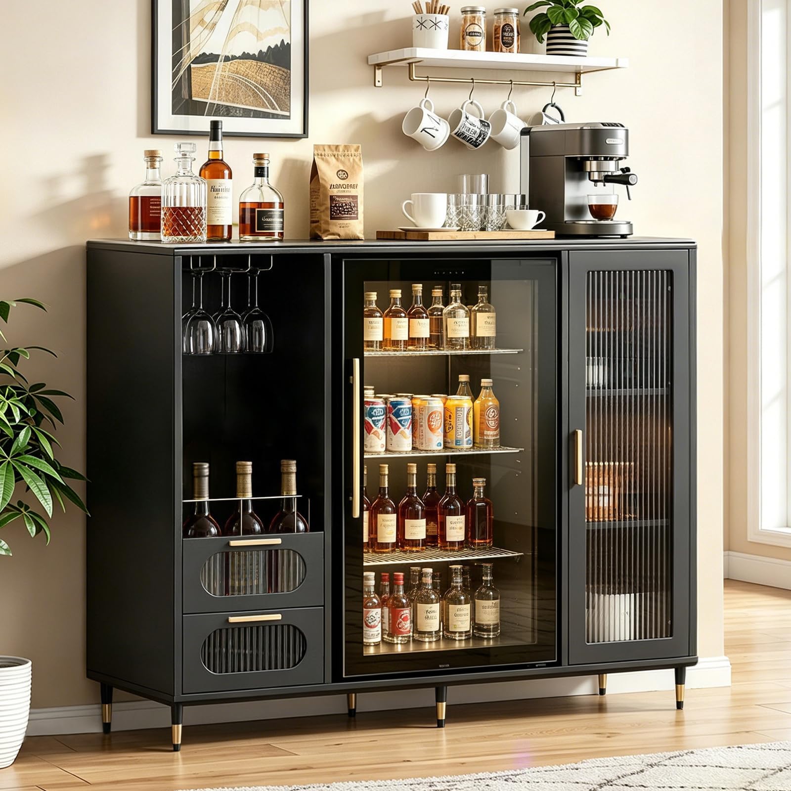 AUN Large Coffee Bar Cabinet with Fridge Space, Modern Luxury Coffee Bar Cabinet with Gold Accents, Wine Glass Rack & Glass Doors, 47.2-Inch Wide Multipurpose Display Storage Cabinet for Home, Black