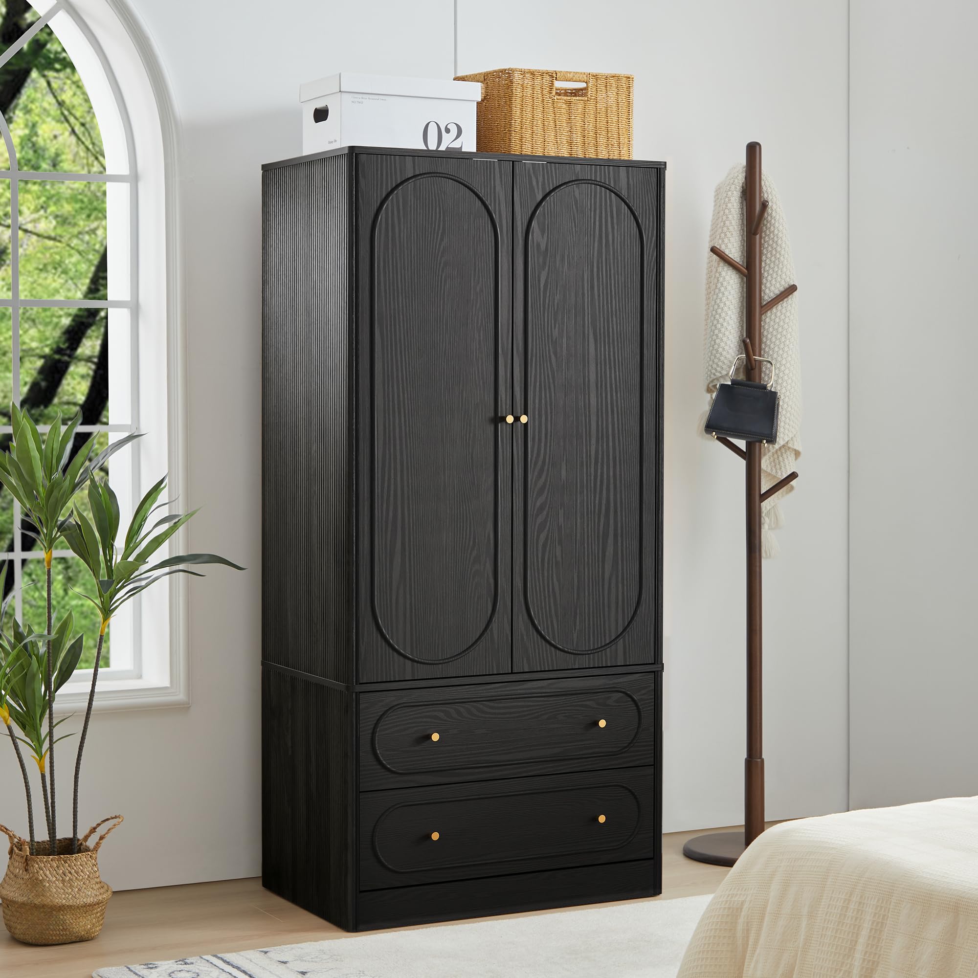 Fluted Freestanding Armoire Wardrobe Closet with 2 Doors and 2 Storage Drawers, Large Capacity Wardrobe Cabinet Set of 2, Wooden Closet for Bedroom, Living Room - Black