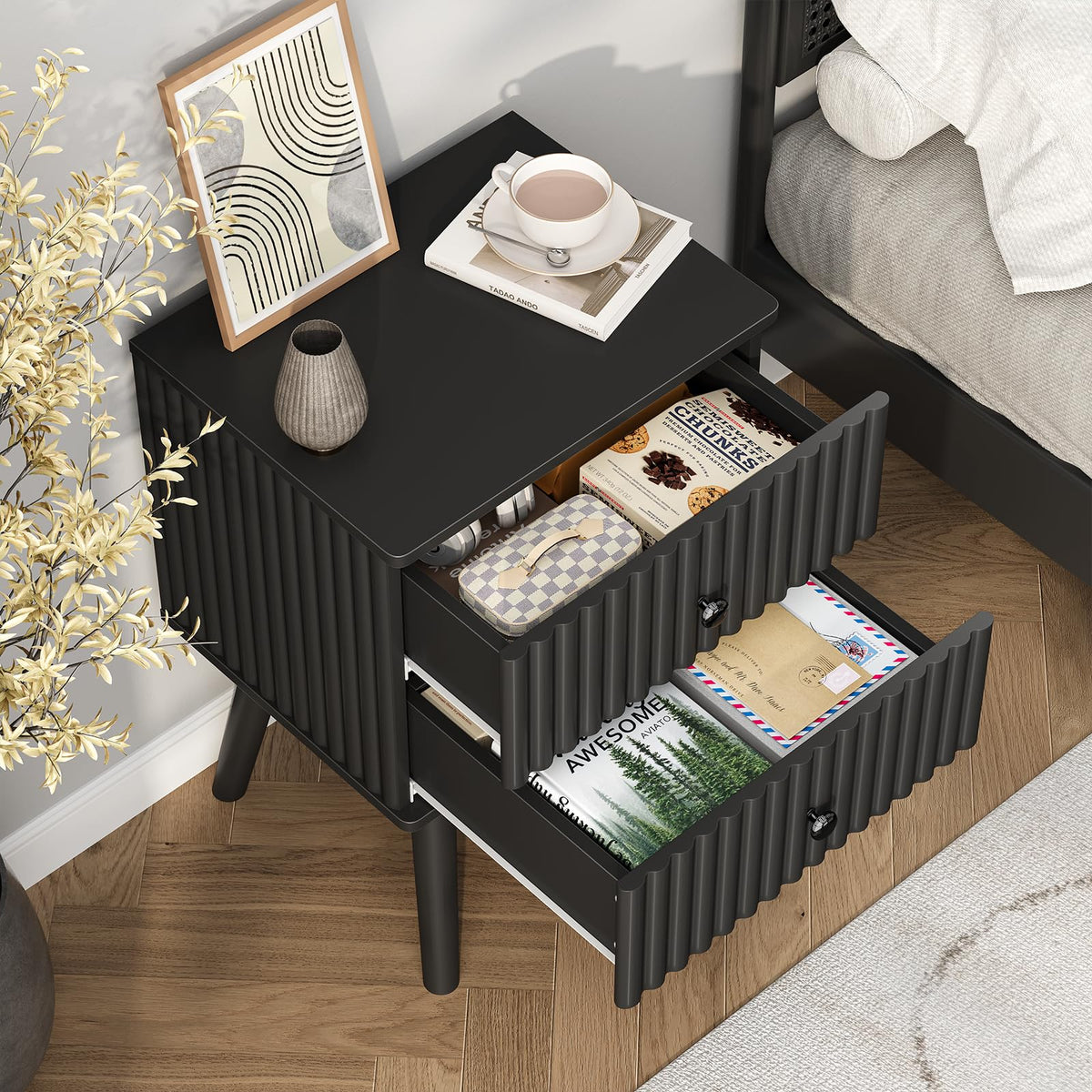 Gacfiew Wooden Nightstand with 2 Drawers, Fluted Night Stand Set of 2, Morden Side Table for Bedroom, Living Room and Small Space, Black