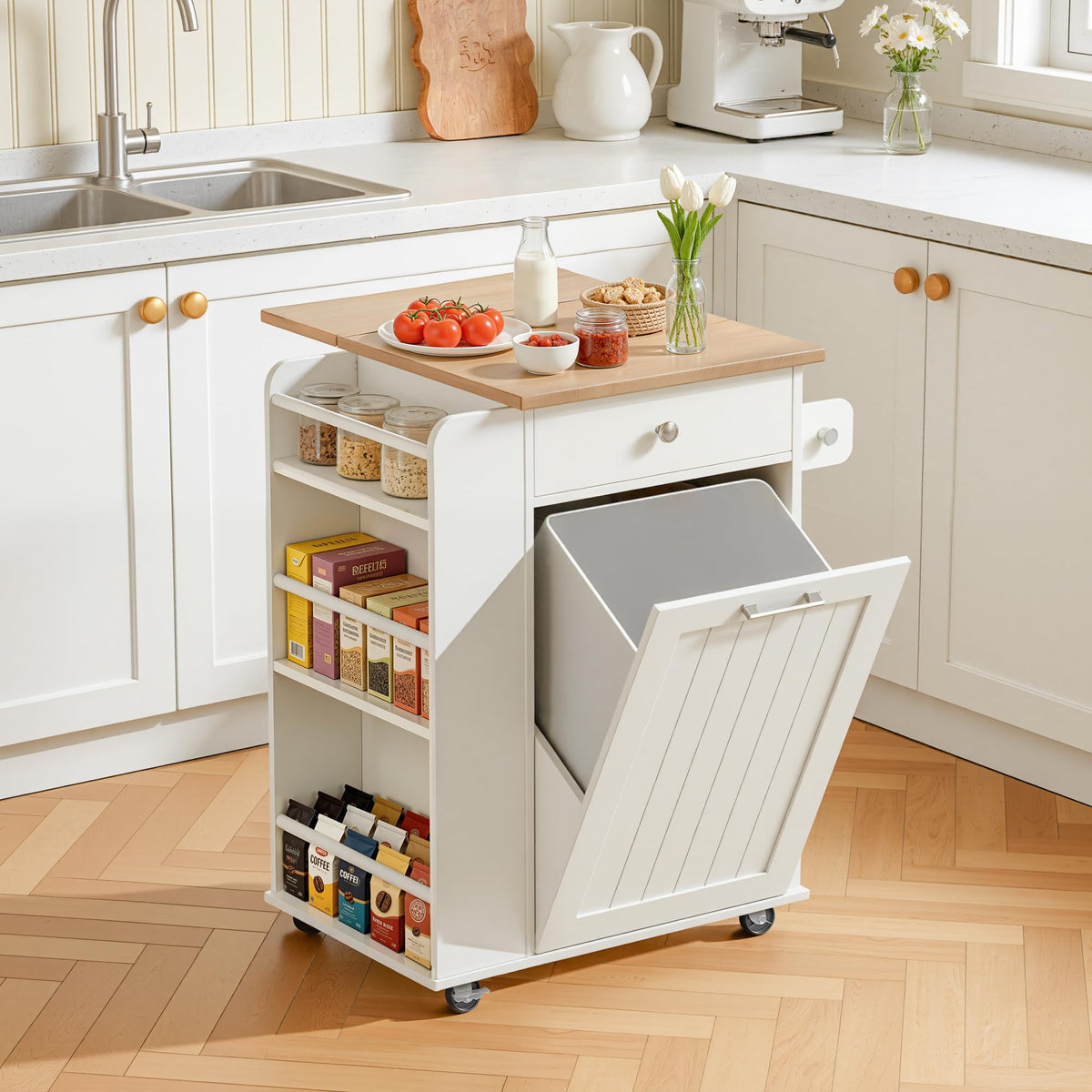 spanspace Kitchen Island with Trash Can Storage & Drop Leaf, Portable Kitchen Island on Wheels, Rolling Island Table for Kithchen