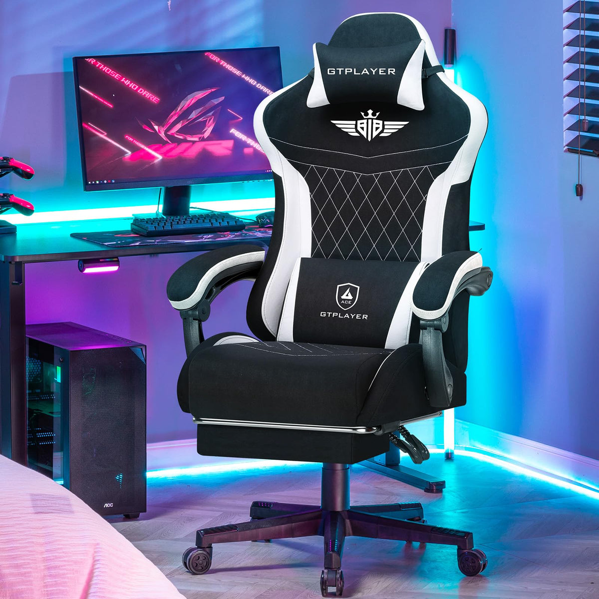 Black Fabric Gaming Chair with Footrest