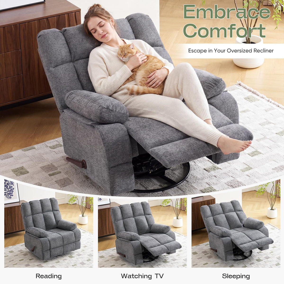 Oversized Swivel Rocker Recliner for Adult, Overstuffed Extra Wide Manual Recliner, Rocking Sofa Chair with Soft Padded Headrest and Armrest for Living Room,Chenille Grey
