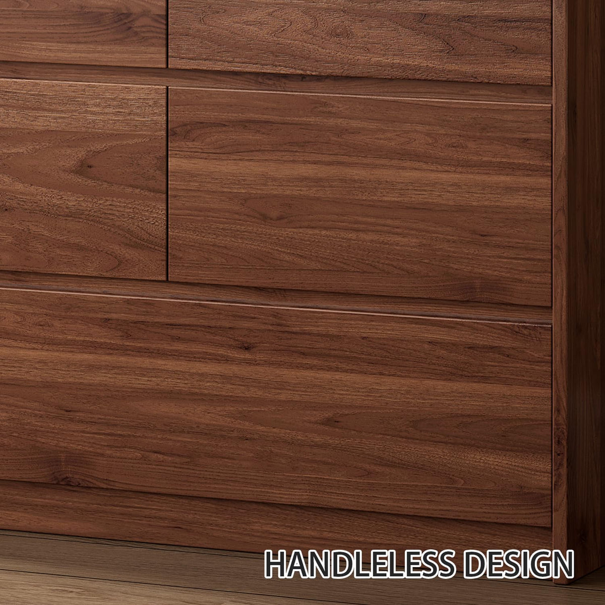 Ieejdn 47.2" Dresser with 6 Drawer, Wide Dresser with Recessed Glass Display & Silent Metal Rails, Handleless Chest of Drawers for Clothes, and Bedding, Walnut