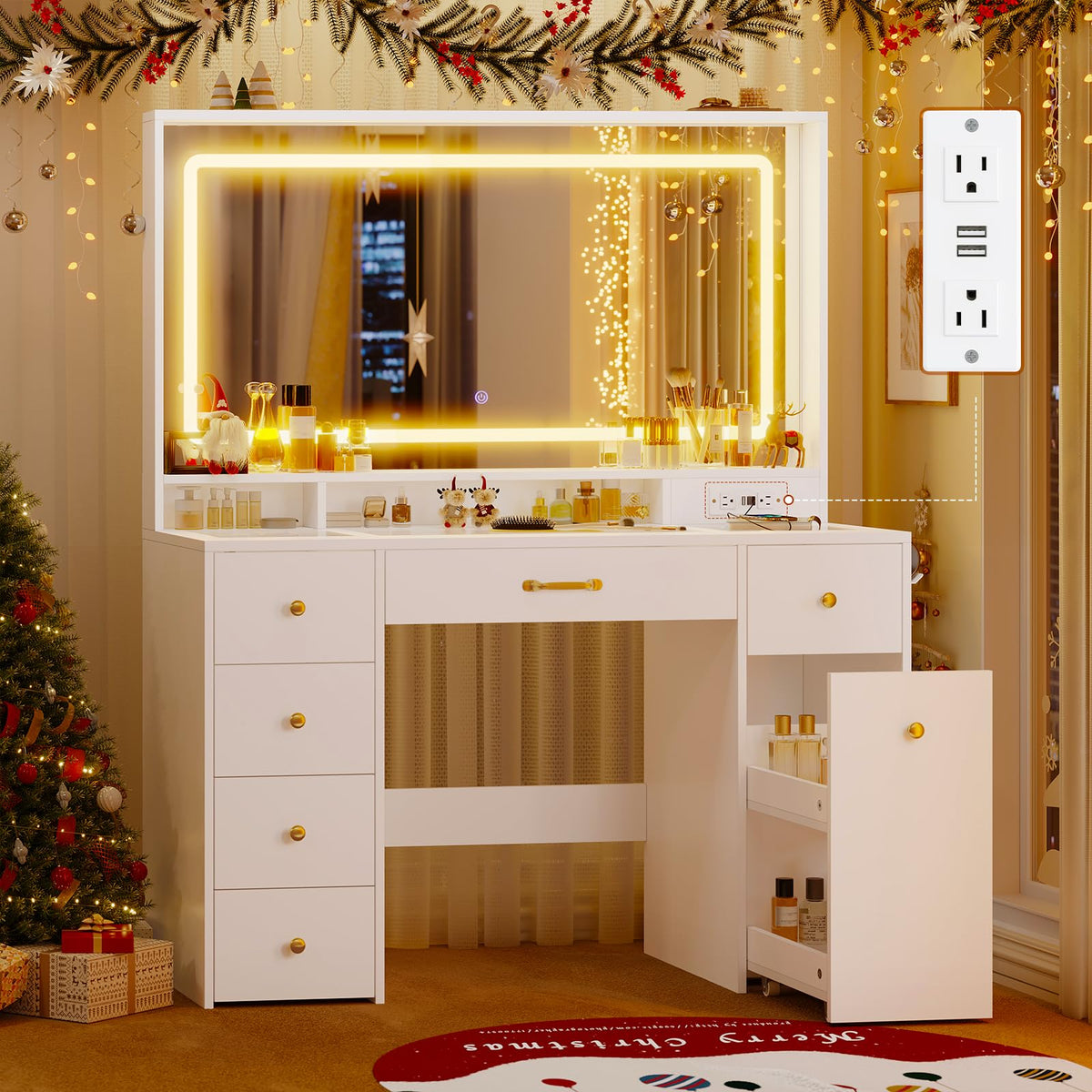 UPOSOJA 49.3“Large Vanity LED Mirror with Lights,Makeup Vanity Desk with 6 Drawers,Power Outlet,Glass Tabletop,Storage Shelf,Rolling Makeup Vanity,Hairdryer Rack,White