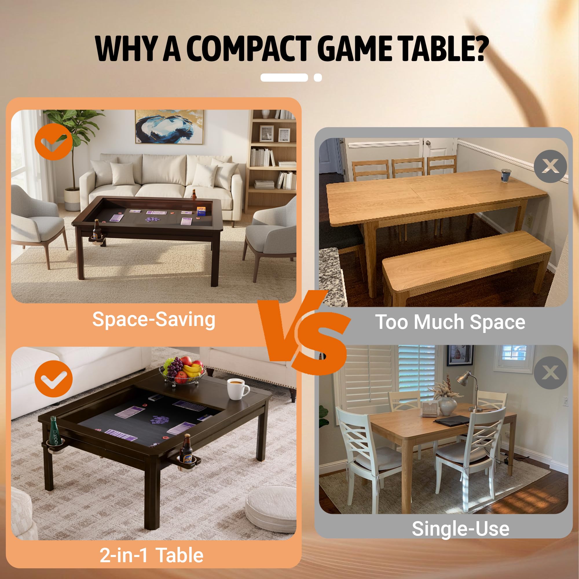 BKTSUNAMI Solid Wood Board Game Coffee Table with Removable Top, 3-in-1 Gaming and Dining Table Includes Play Mat & Detachable Cup Holders, 48" L x 33" W (Black Walnut01)