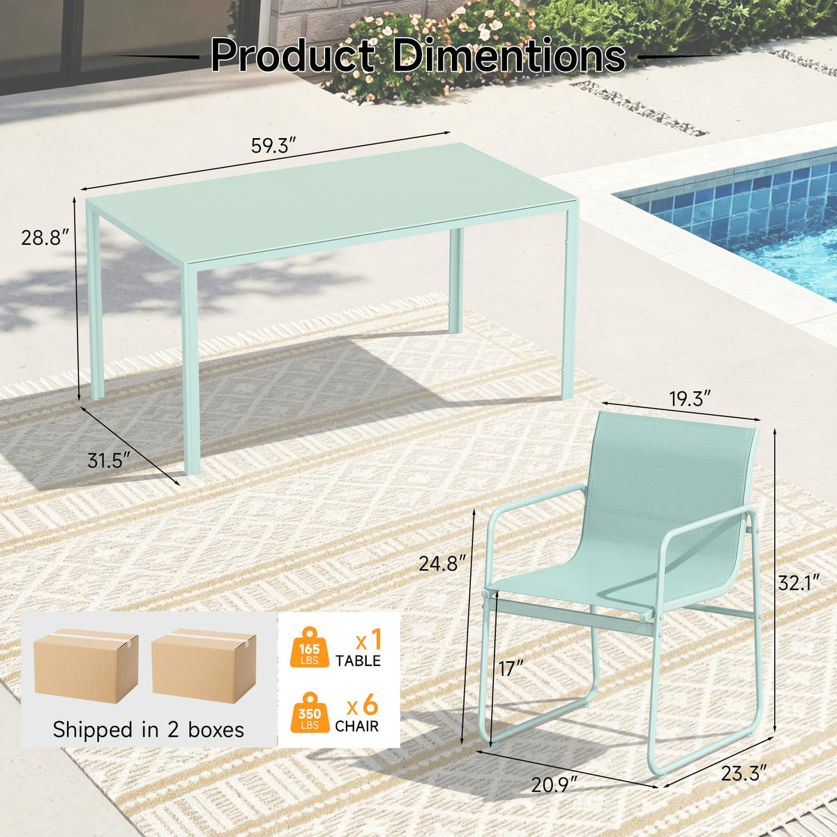 ONBRILL 7 Piece Patio Dining Set for 6 with Textilene Chairs, Aqua