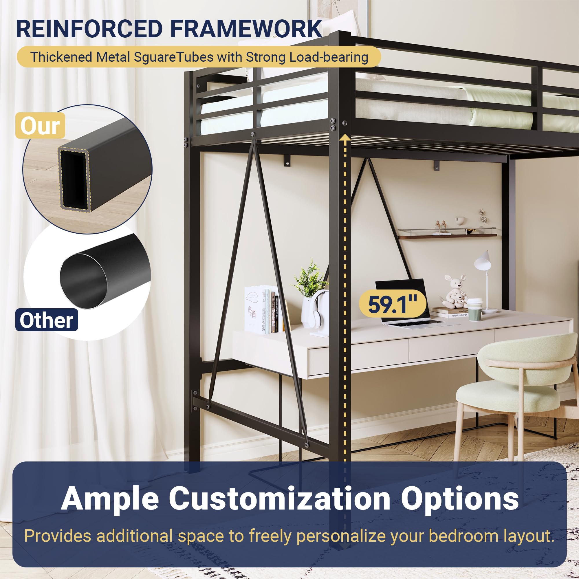 Twin Metal Loft Bed with Guardrail