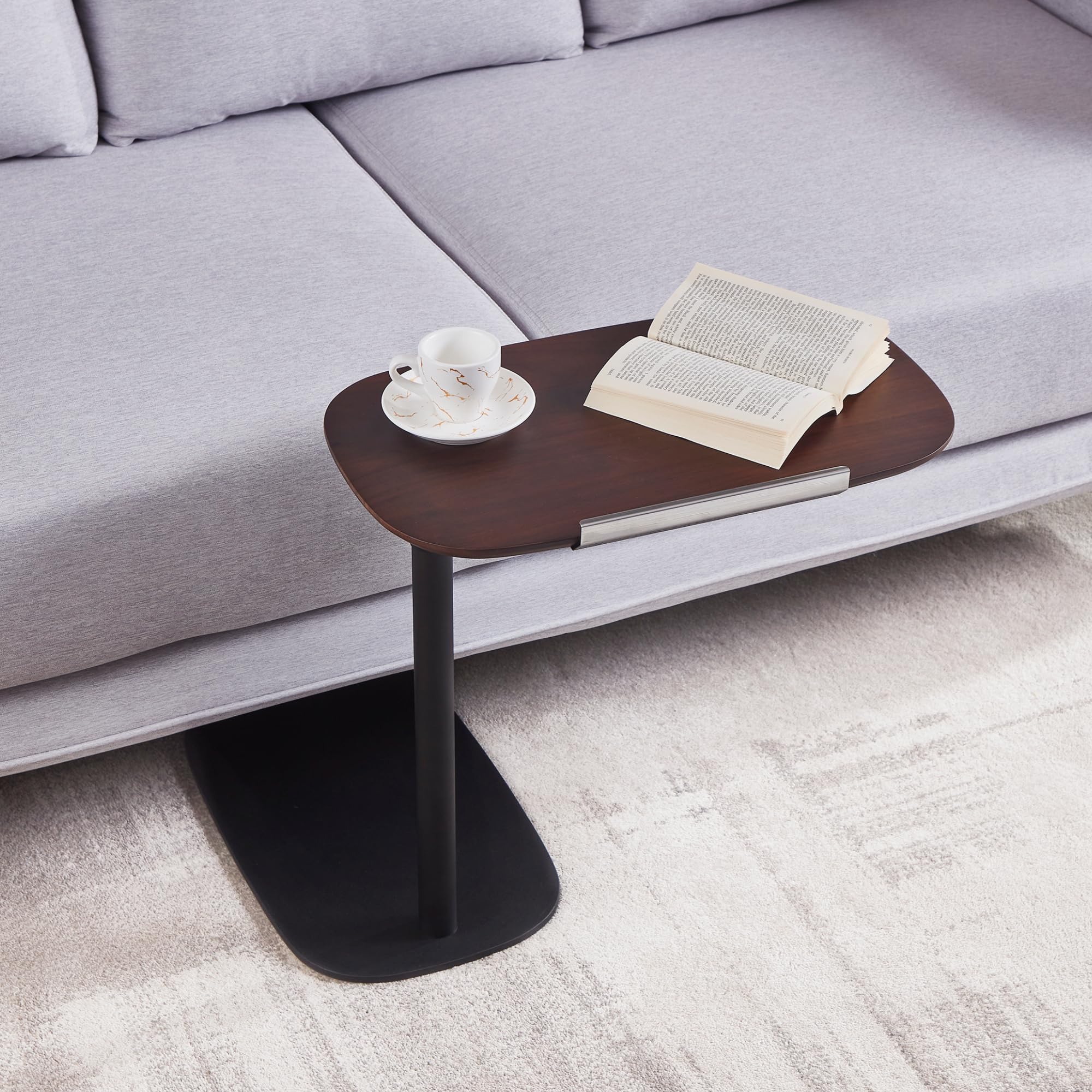 C-Shaped Adjustable Side Table with Rotatable Walnut Top