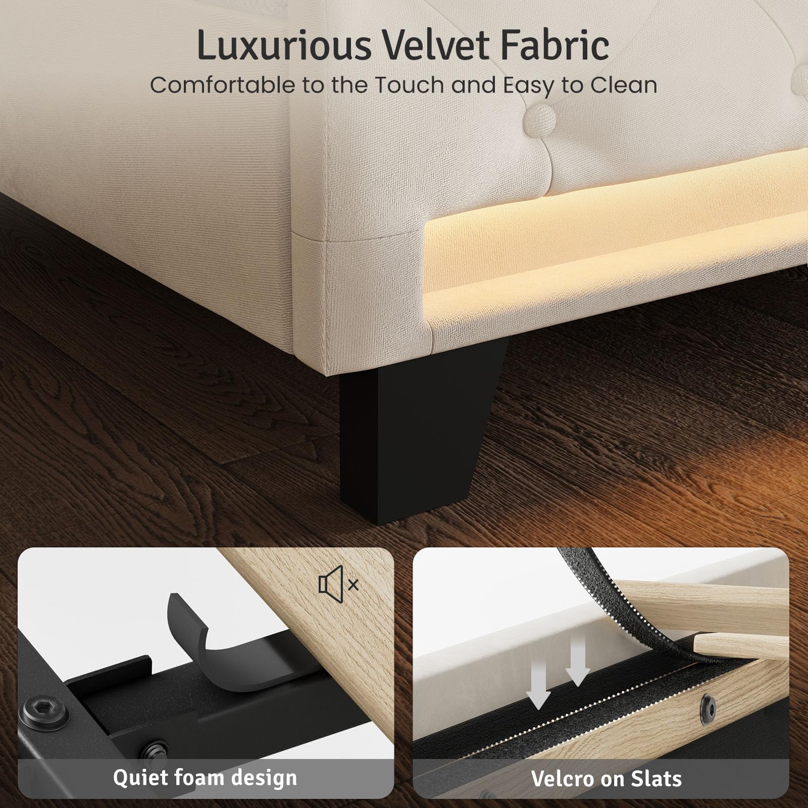 Upholstered Velvet Platform Bed Frame with LED Lights & Charging Ports