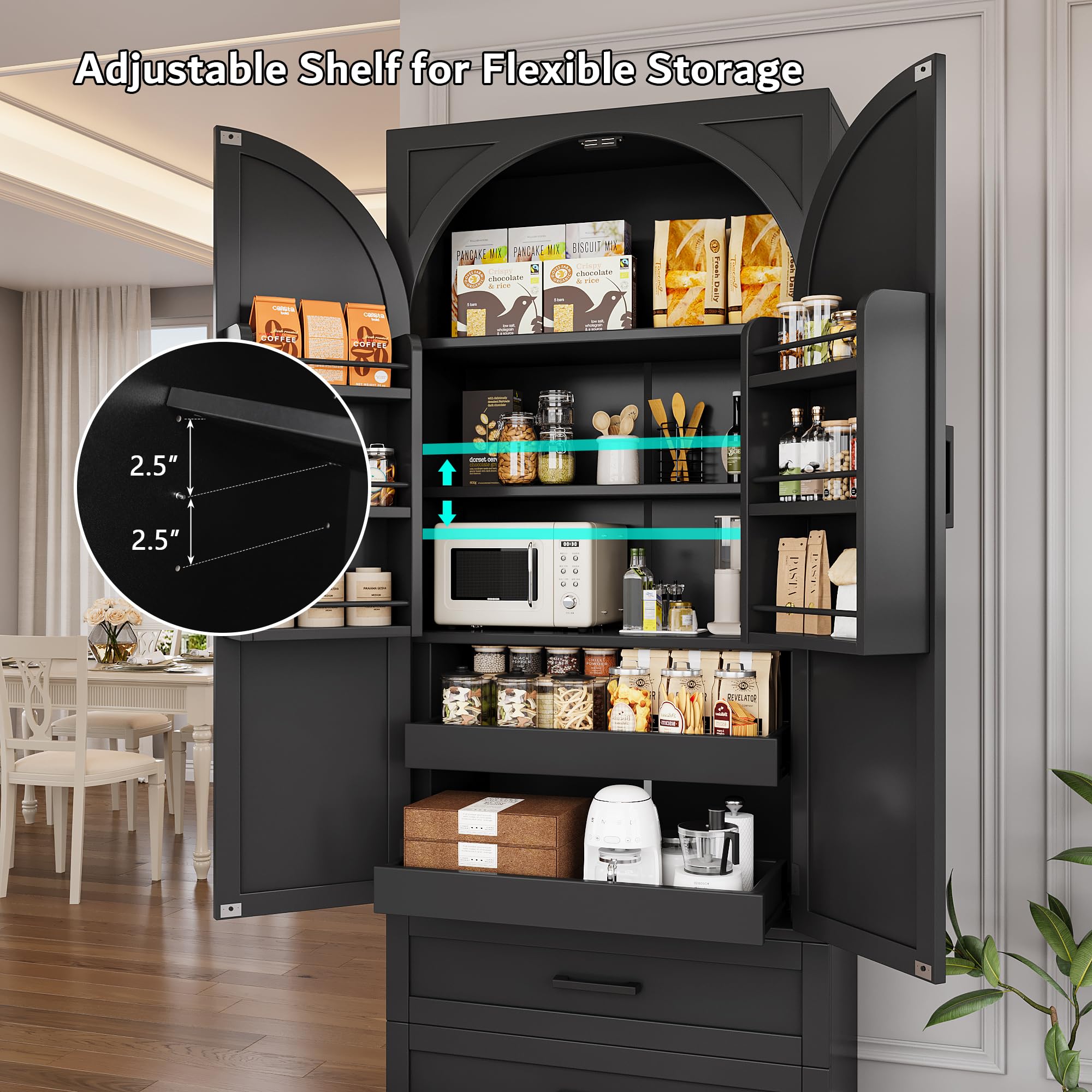 iPormis 71" Tall Kitchen Pantry Storage Cabinet w/Adjustable Shelf, Large Drawers & Door Shelves, Freestanding Kitchen Cupboard for Dining Room/Living Room, Black