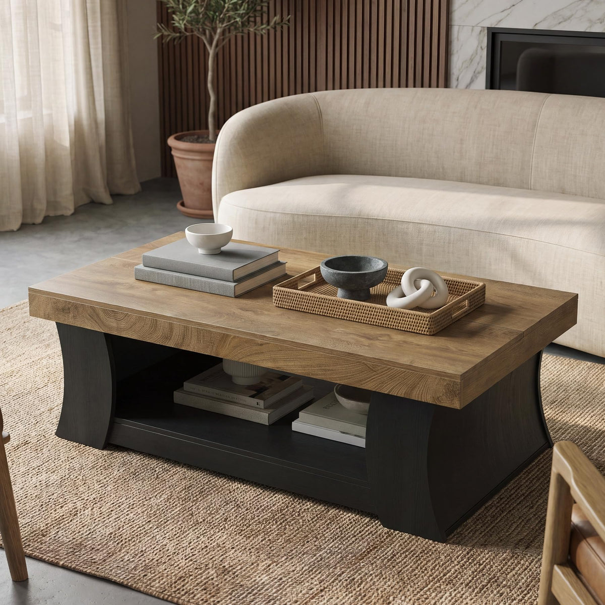 LITTLE TREE 55" Coffee Table, Living Room Table with Storage Shelf, Wooden Coffee Table, Modern Farmhouse Rectangle Center Table for Living Room, Bedroom, Office, Rustic Brown+Black
