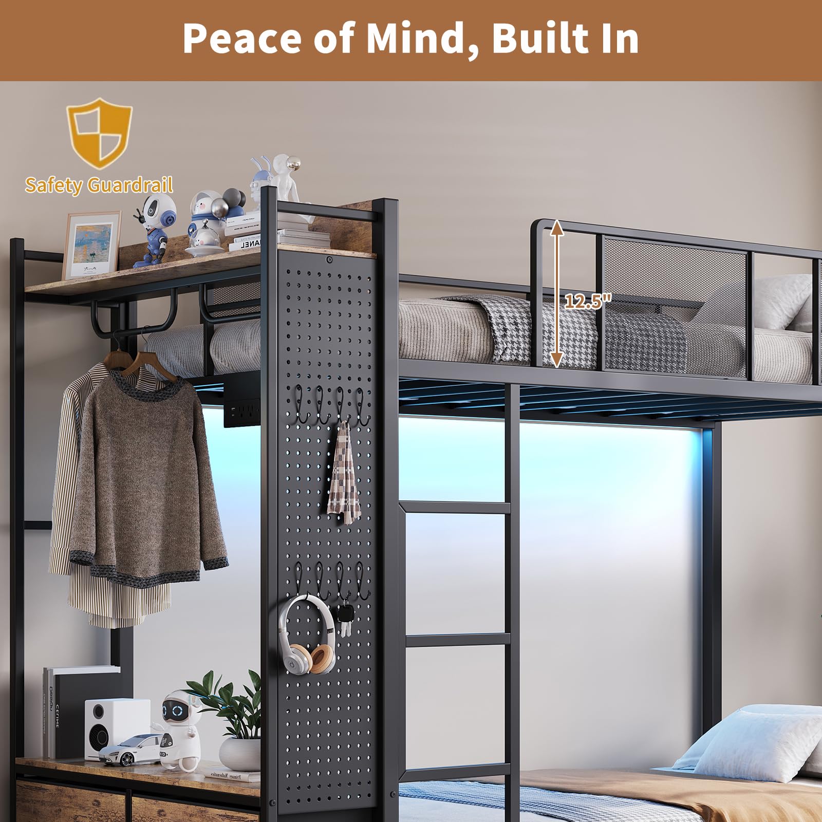 Twin Over Twin Bunk Bed with Hall Tree, LED Lights & Storage