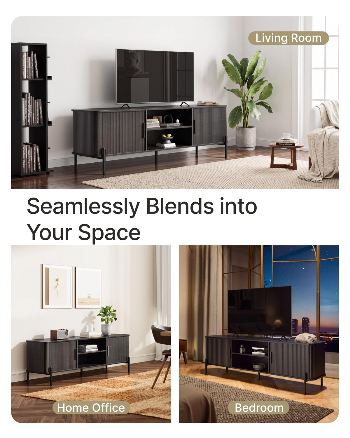 SUNCOZE 70" Mid-Century Fluted TV Stand with Storage up to 80 Inch, Black