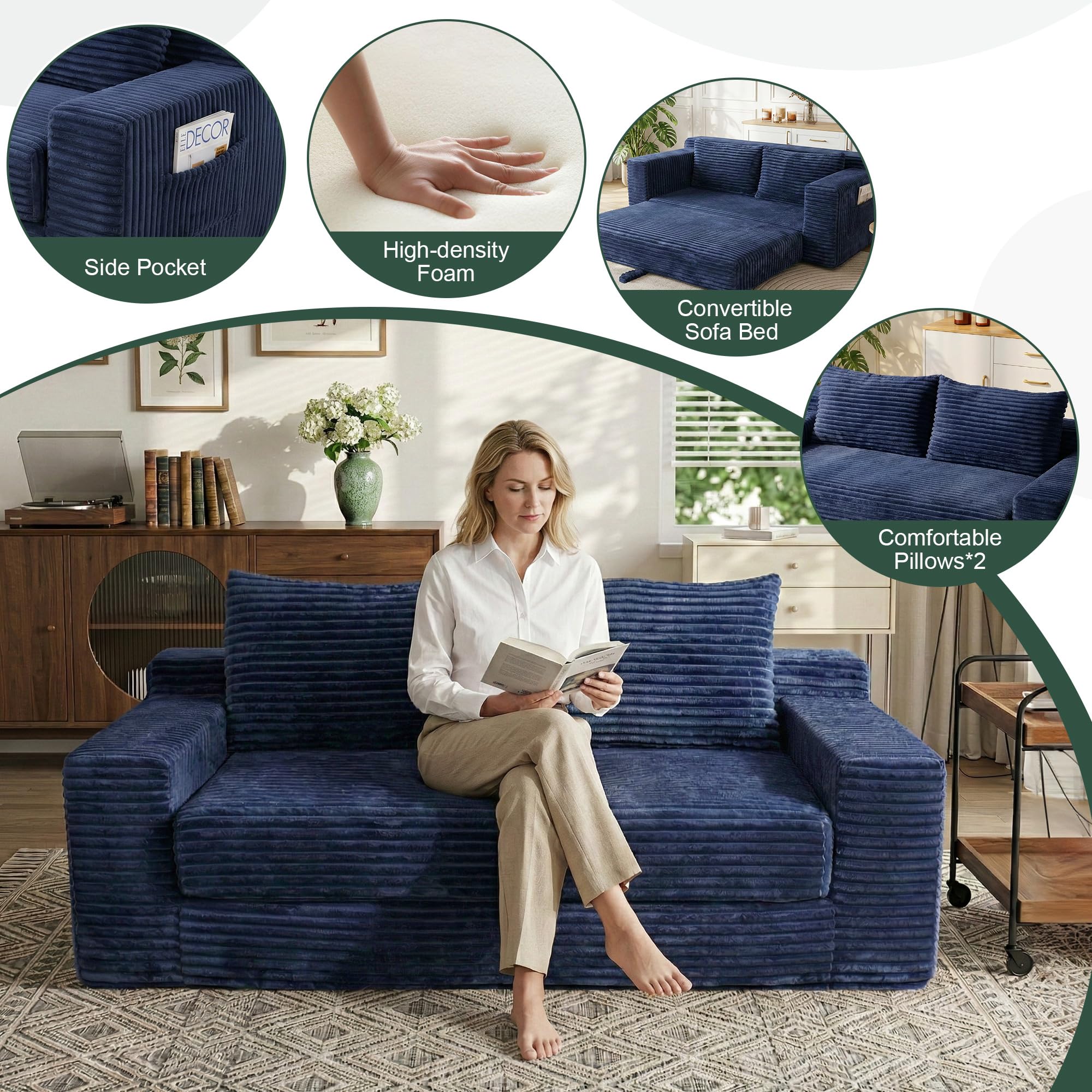 73" Convertible Sofa Bed, Corduroy Boneless Loveseat Sleeper, Fold Out Floor Couch Bed with 2 Pillows, Memory Foam Cloud Futon Couch for Living Room Guest Room Small Space, No Assembly (Blue, 73")