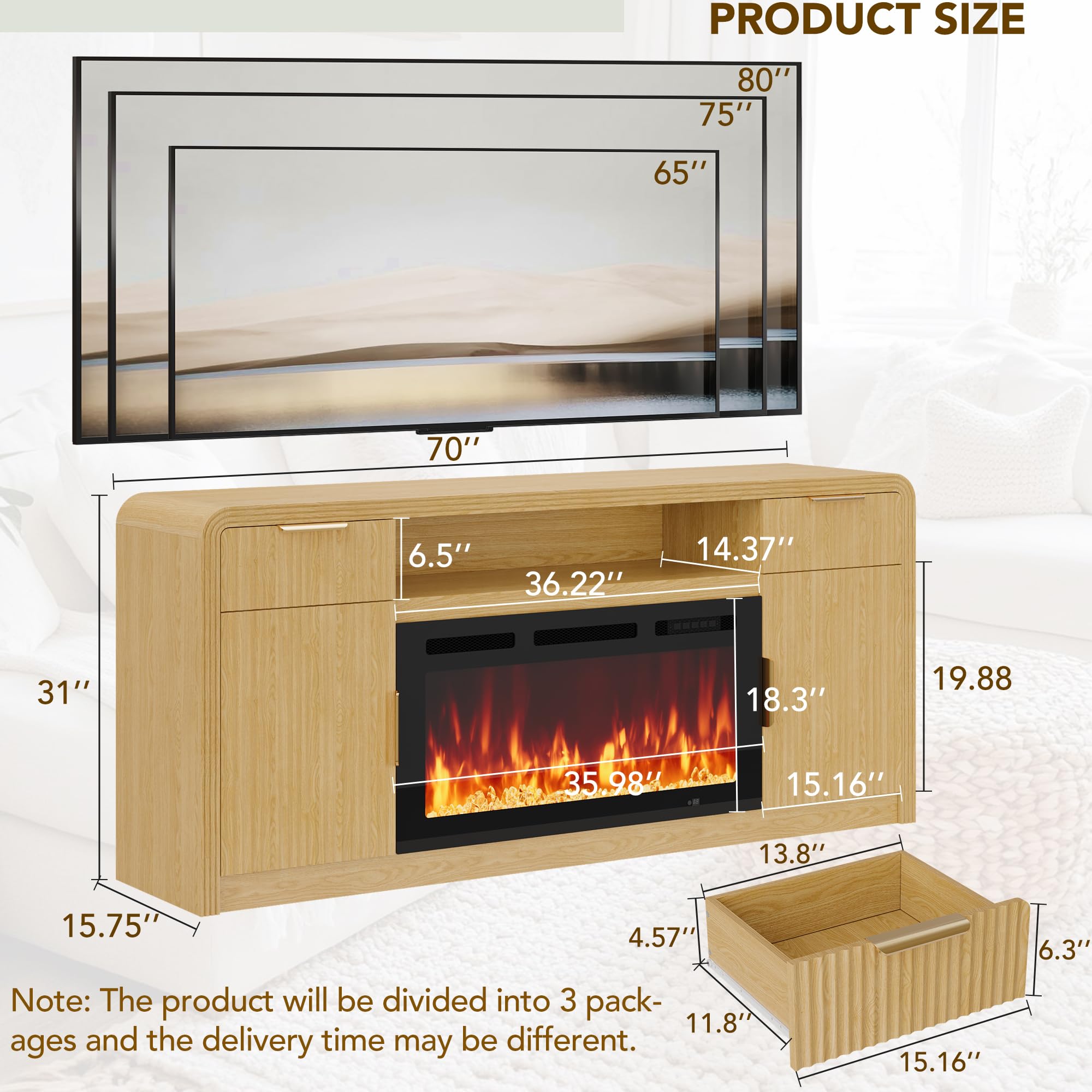 70" Fluted Fireplace TV Stand with Storage