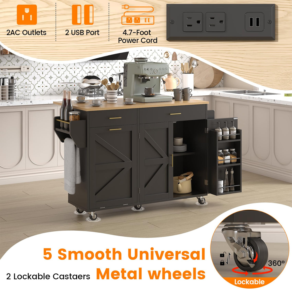 VVFLU 51.8" Kitchen Island Cart with Trash Can Storage, Kitchen Island on Wheels with Power Outlet & Drop Leaf, Rolling Kitchen Cart with Towel Rack & Spice Rack, Mobile Islands Table for Kitchen