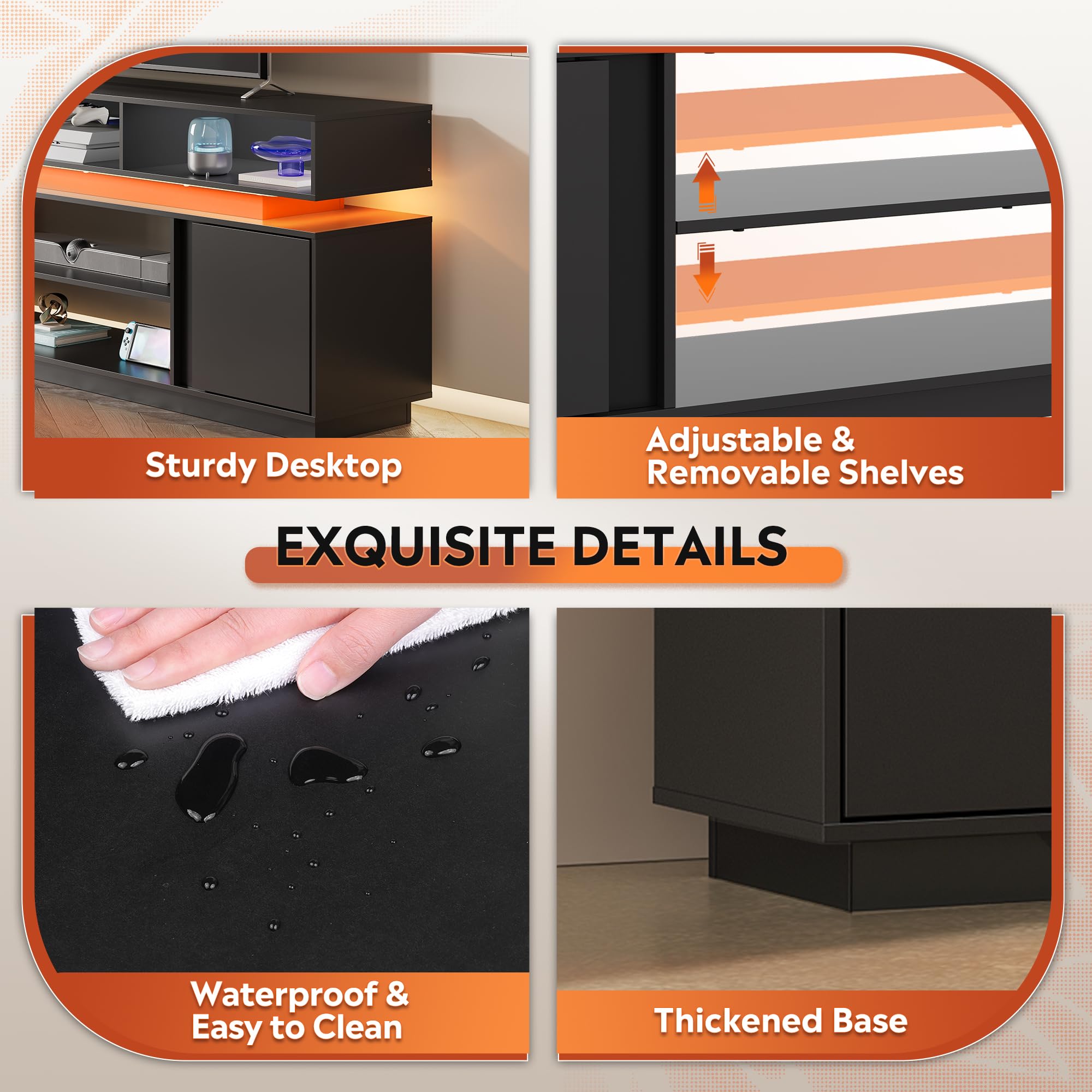 68" TV Stand with LED Lights & Storage Cabinets