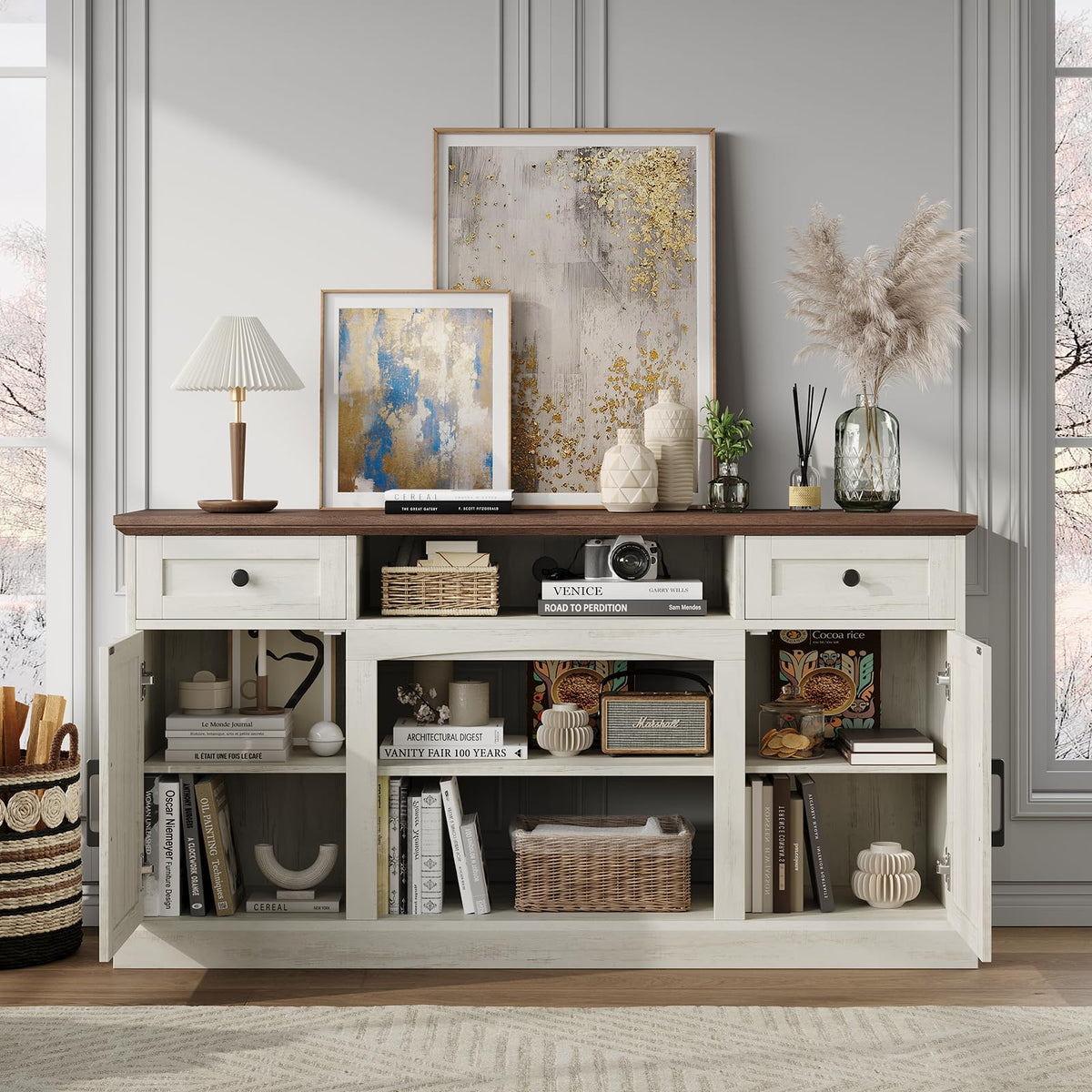 ONBRILL Farmhouse Fireplace TV Stand, TV Table with 23" Electric Fireplace