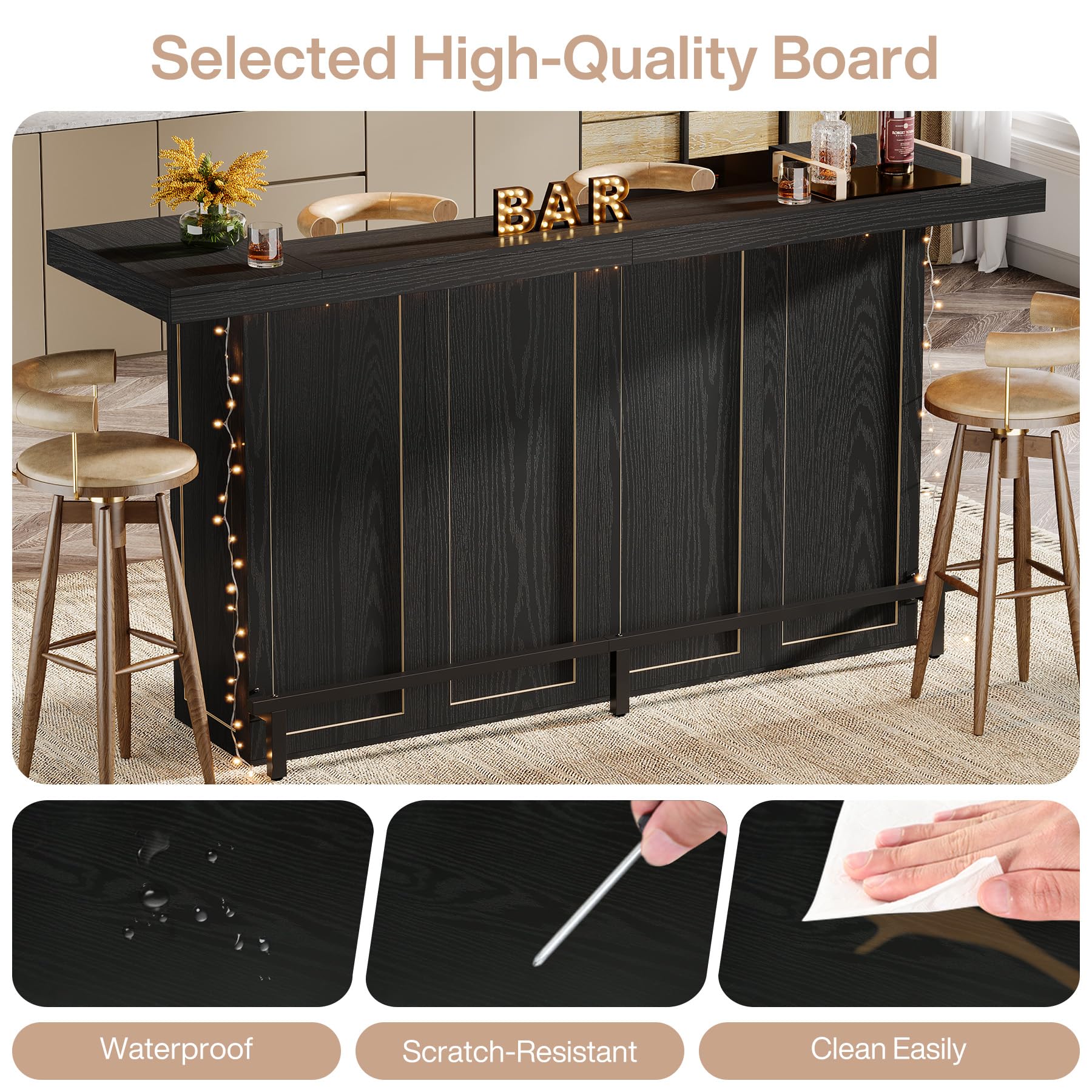 Tribesigns 70.9" Extra Large Bar Table, 4-Tier Storage Home Bar with Wine Glass Rack & Footrest, 2-in-1 Kitchen Island & Pub Table, Wooden Bar Unit for Kitchen, Living Room, Party