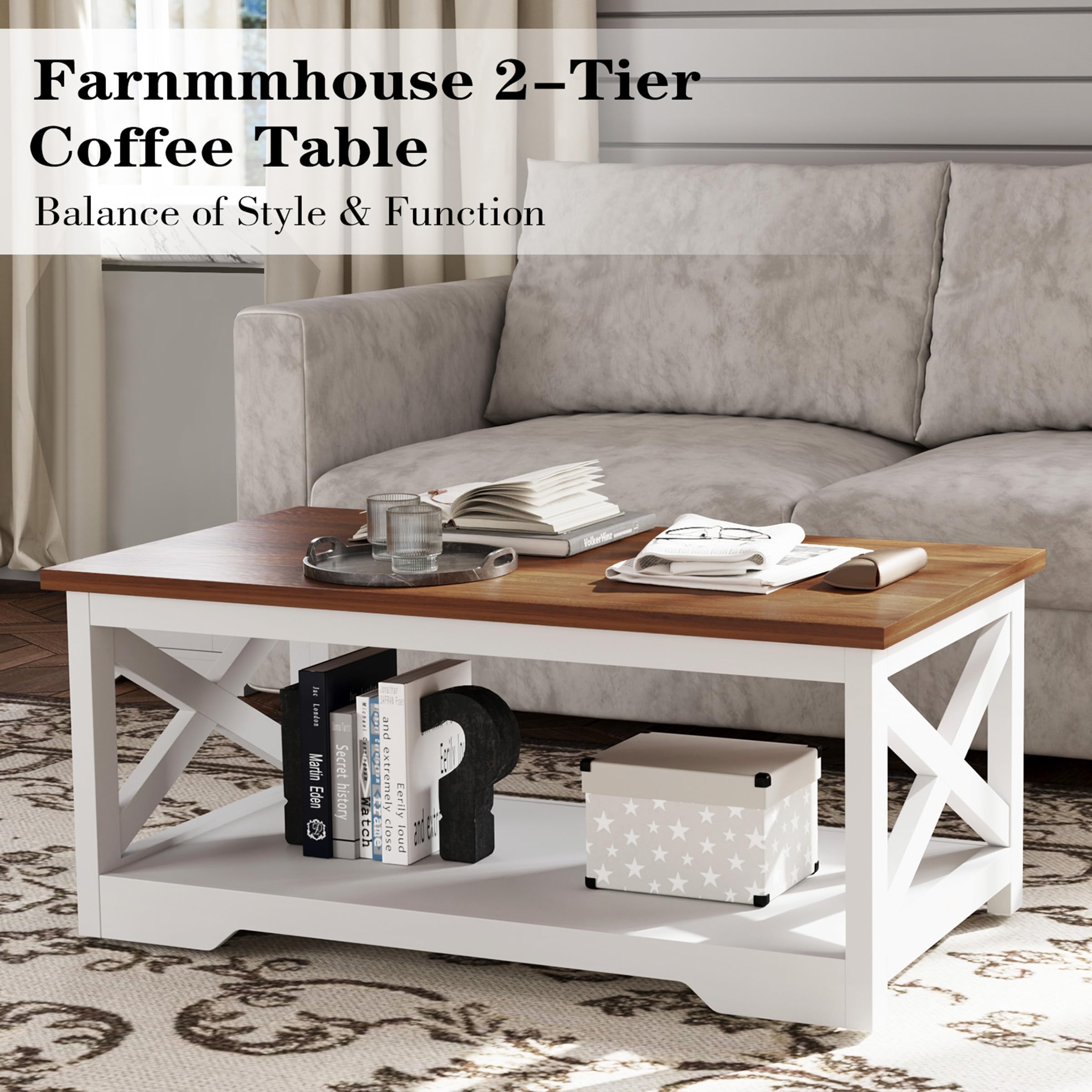 Farmhouse Coffee & End Table Set of 3 with Charging Station